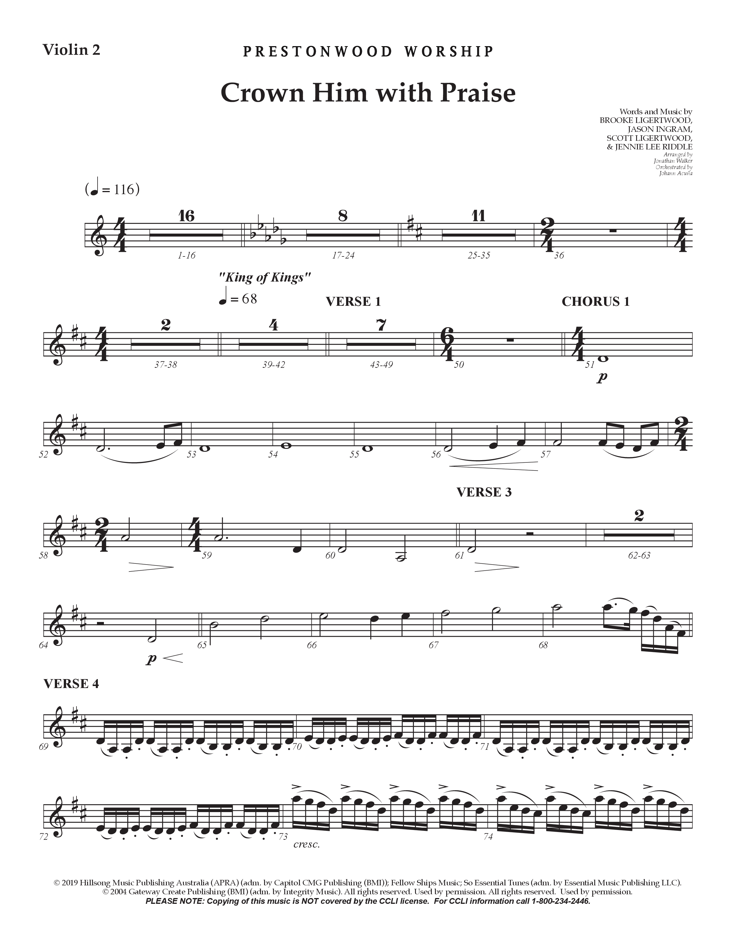 Crown Him With Praise (Choral Anthem SATB) Violin 2 (Prestonwood Choir / Prestonwood Worship / Arr. Jonathan Walker / Orch. Johann Acuna)