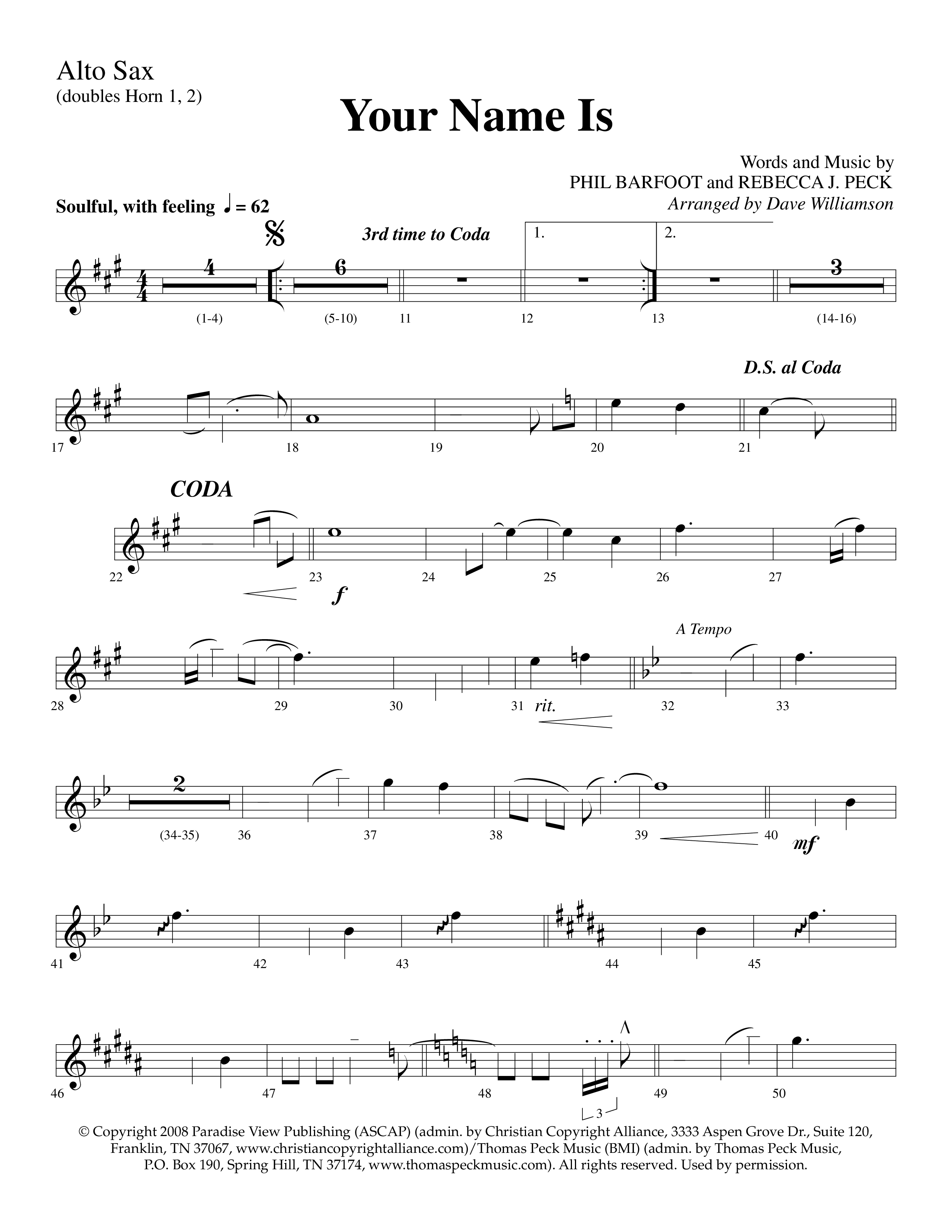 Your Name Is (Choral Anthem SATB) Alto Sax (Lifeway Choral / Arr. Dave Williamson)