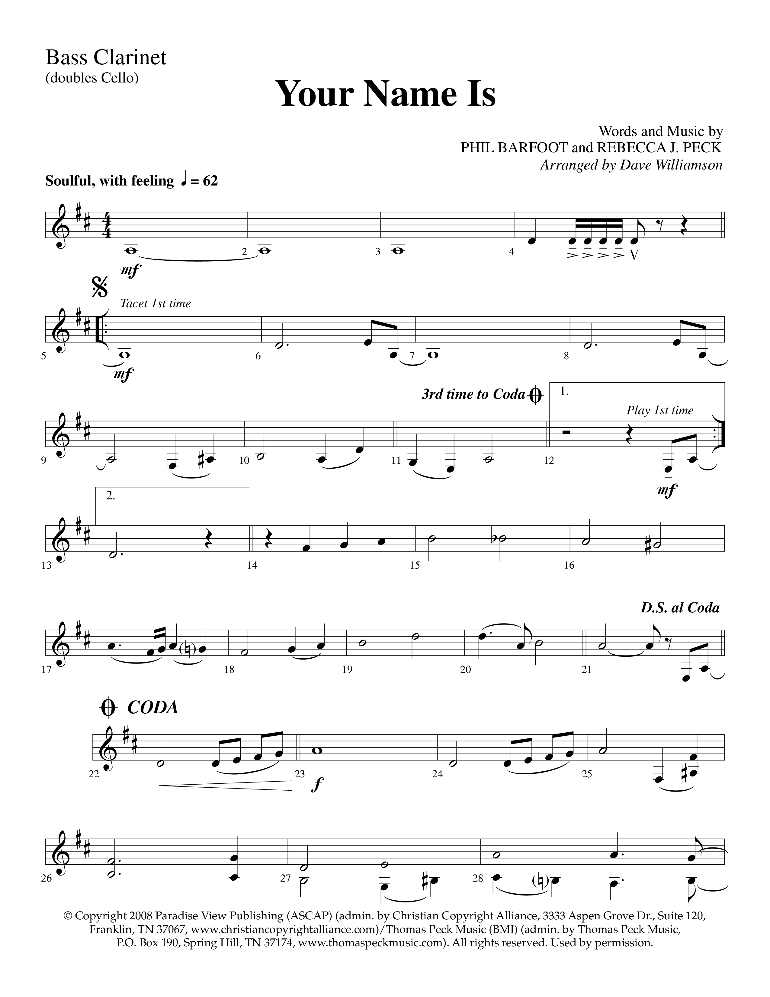 Your Name Is (Choral Anthem SATB) Bass Clarinet (Lifeway Choral / Arr. Dave Williamson)