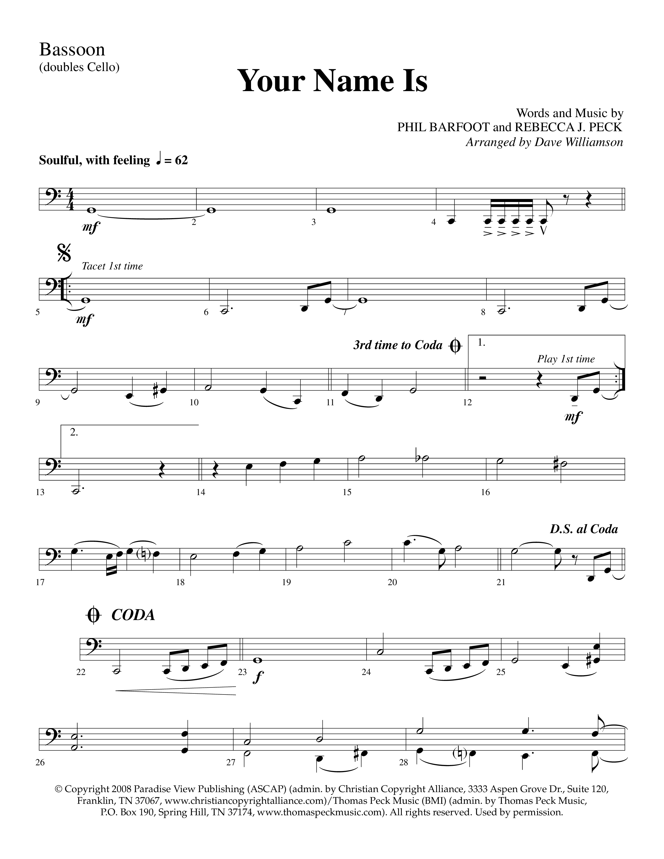 Your Name Is (Choral Anthem SATB) Bassoon (Lifeway Choral / Arr. Dave Williamson)