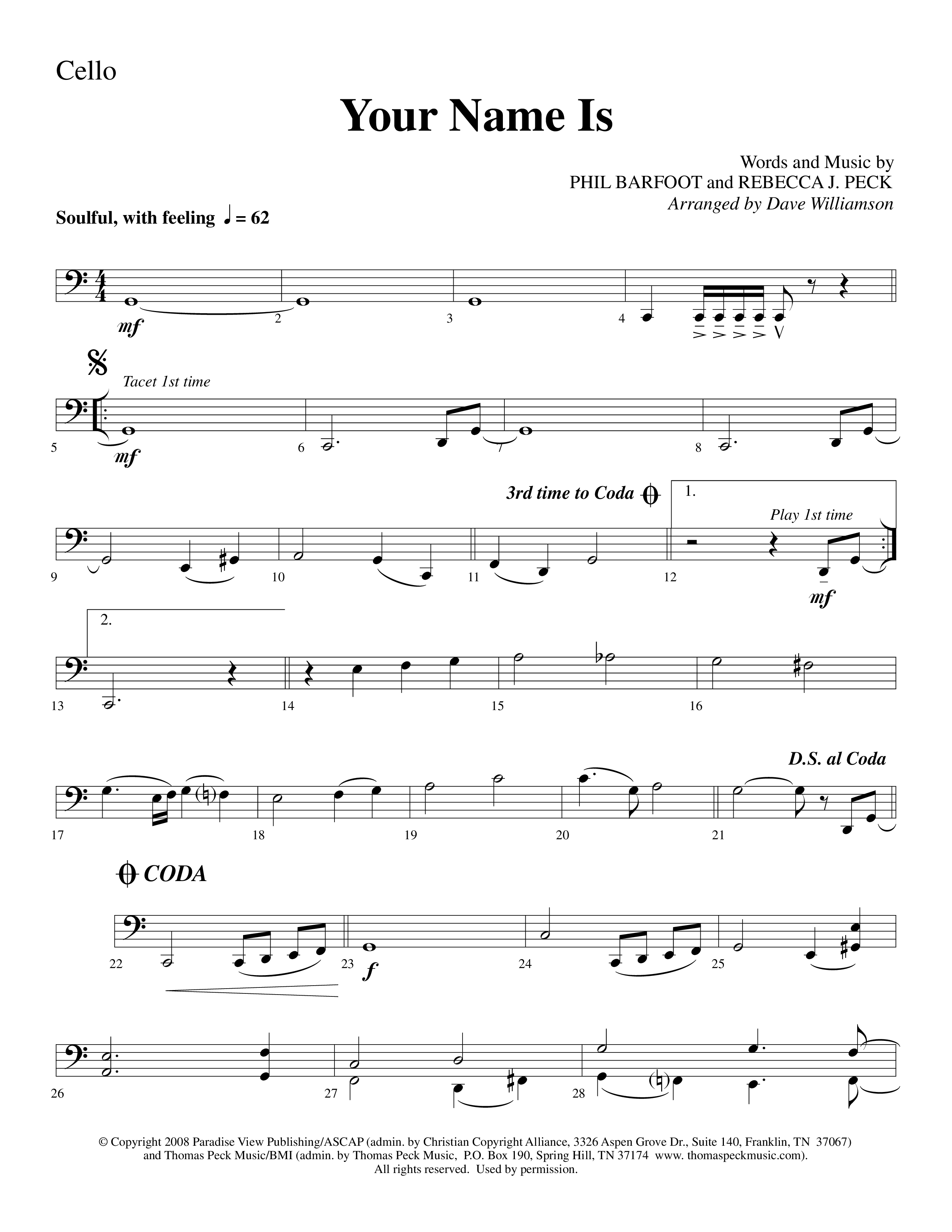 Your Name Is (Choral Anthem SATB) Cello (Lifeway Choral / Arr. Dave Williamson)