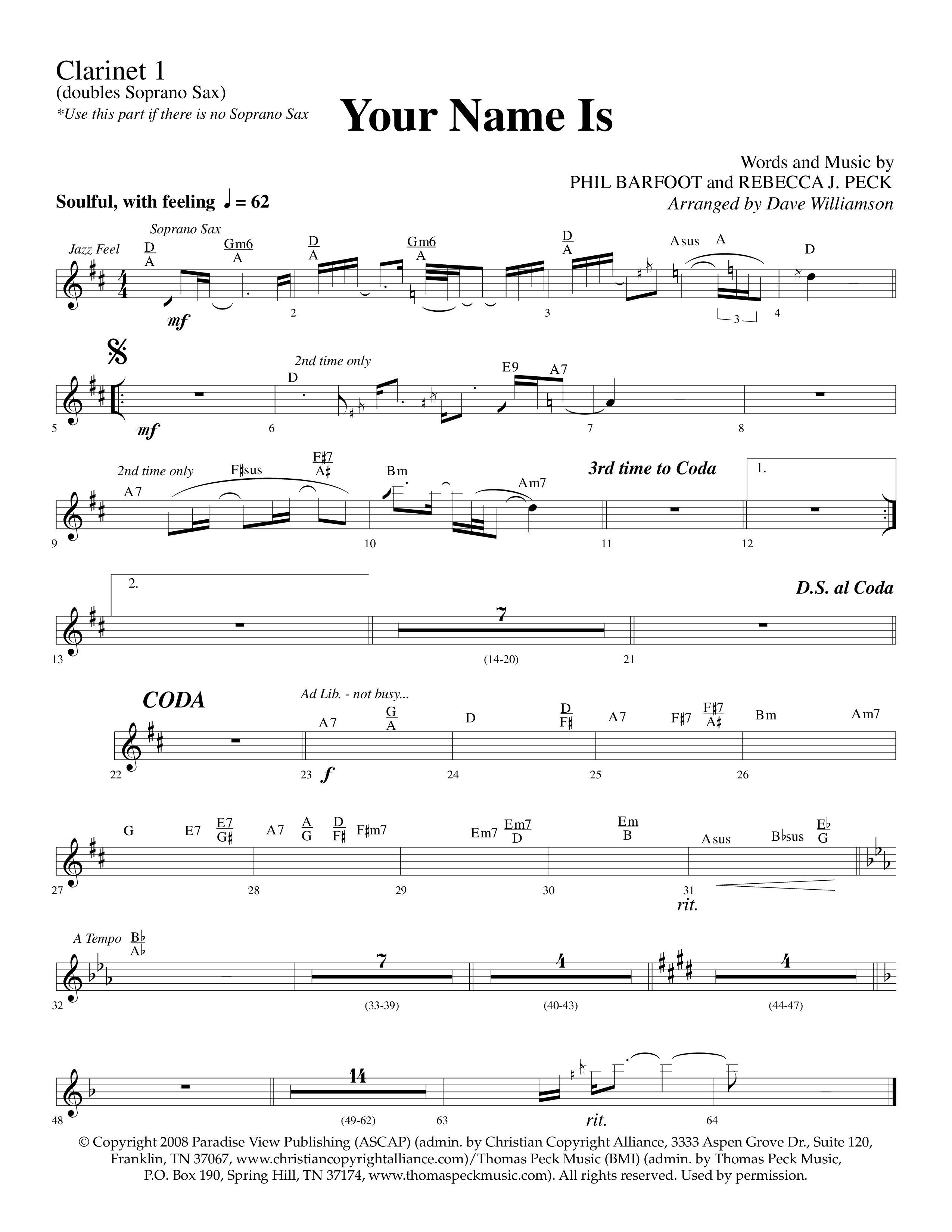 Your Name Is (Choral Anthem SATB) Clarinet 1/2 (Lifeway Choral / Arr. Dave Williamson)