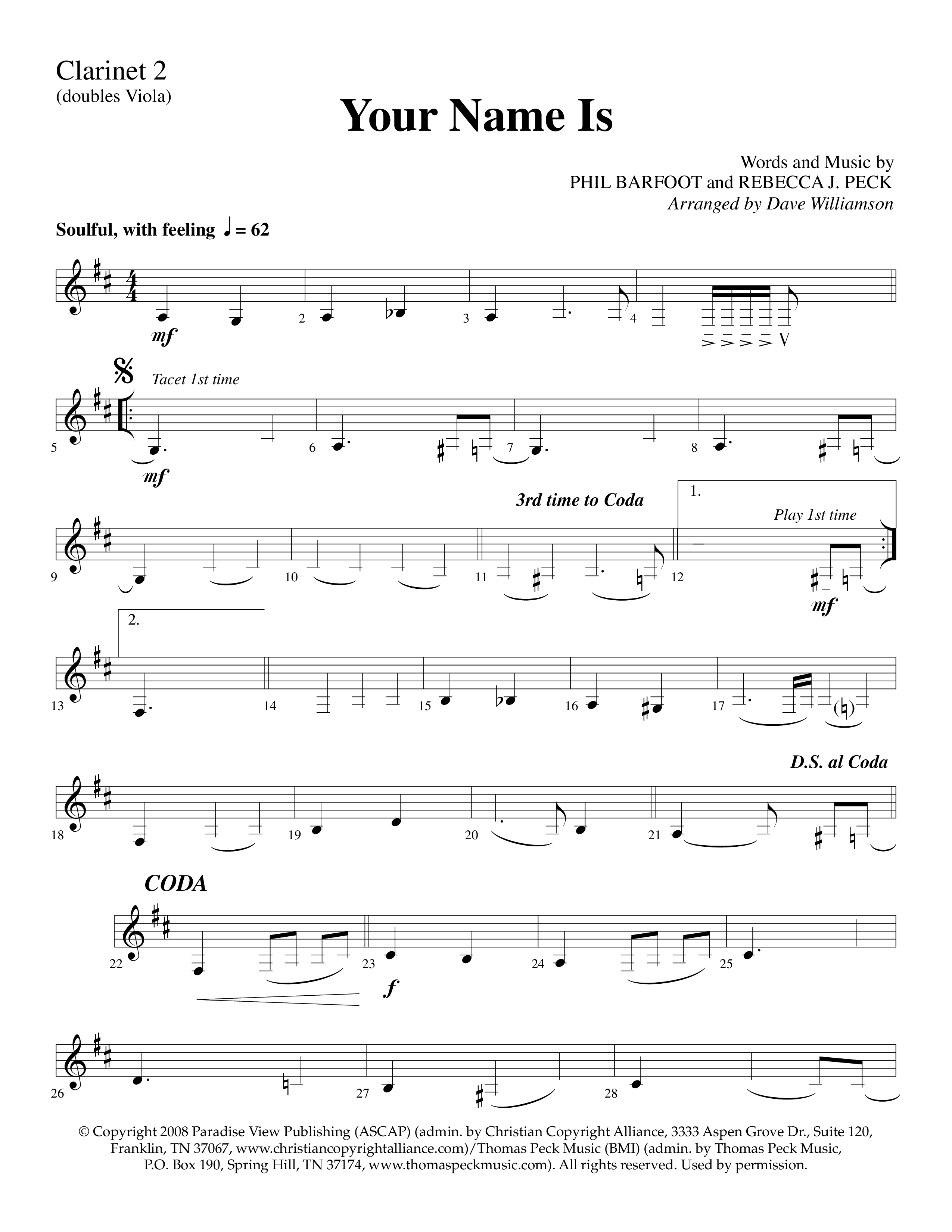Your Name Is (Choral Anthem SATB) Clarinet 1/2 (Lifeway Choral / Arr. Dave Williamson)
