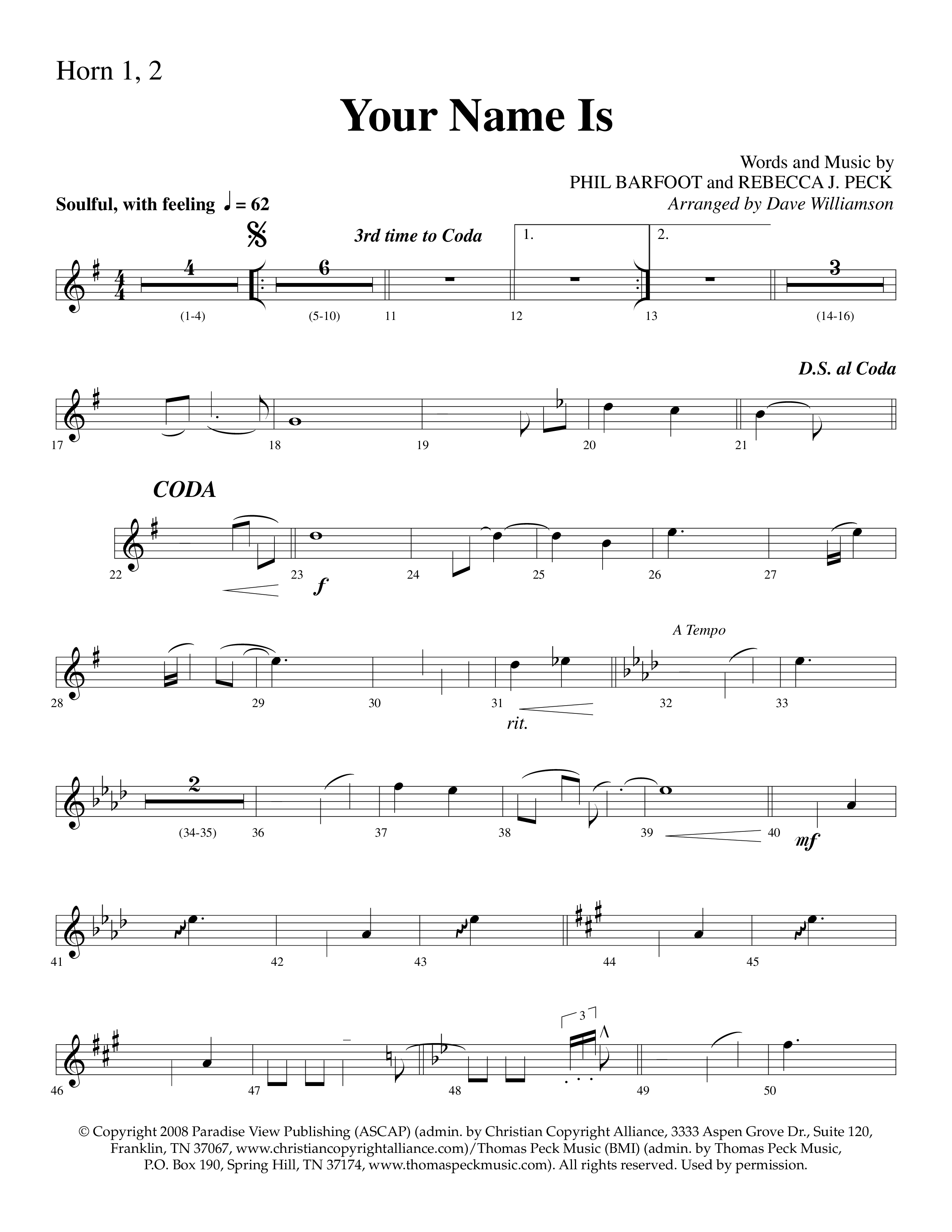 Your Name Is (Choral Anthem SATB) French Horn 1/2 (Lifeway Choral / Arr. Dave Williamson)