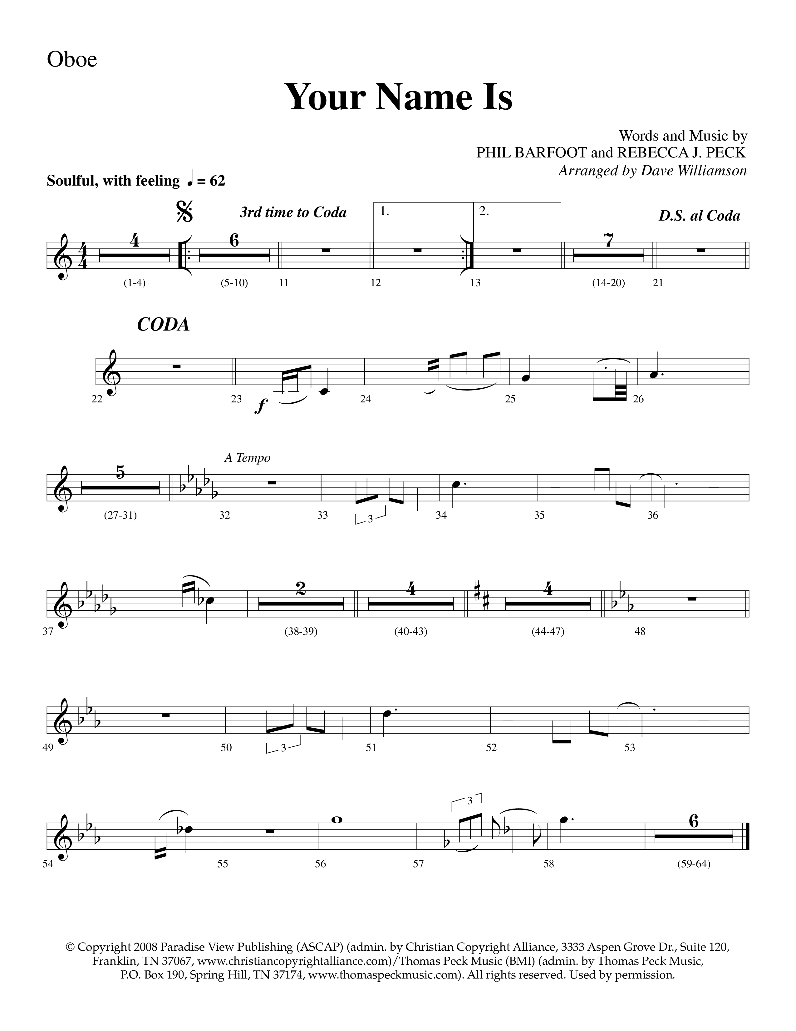 Your Name Is (Choral Anthem SATB) Oboe (Lifeway Choral / Arr. Dave Williamson)