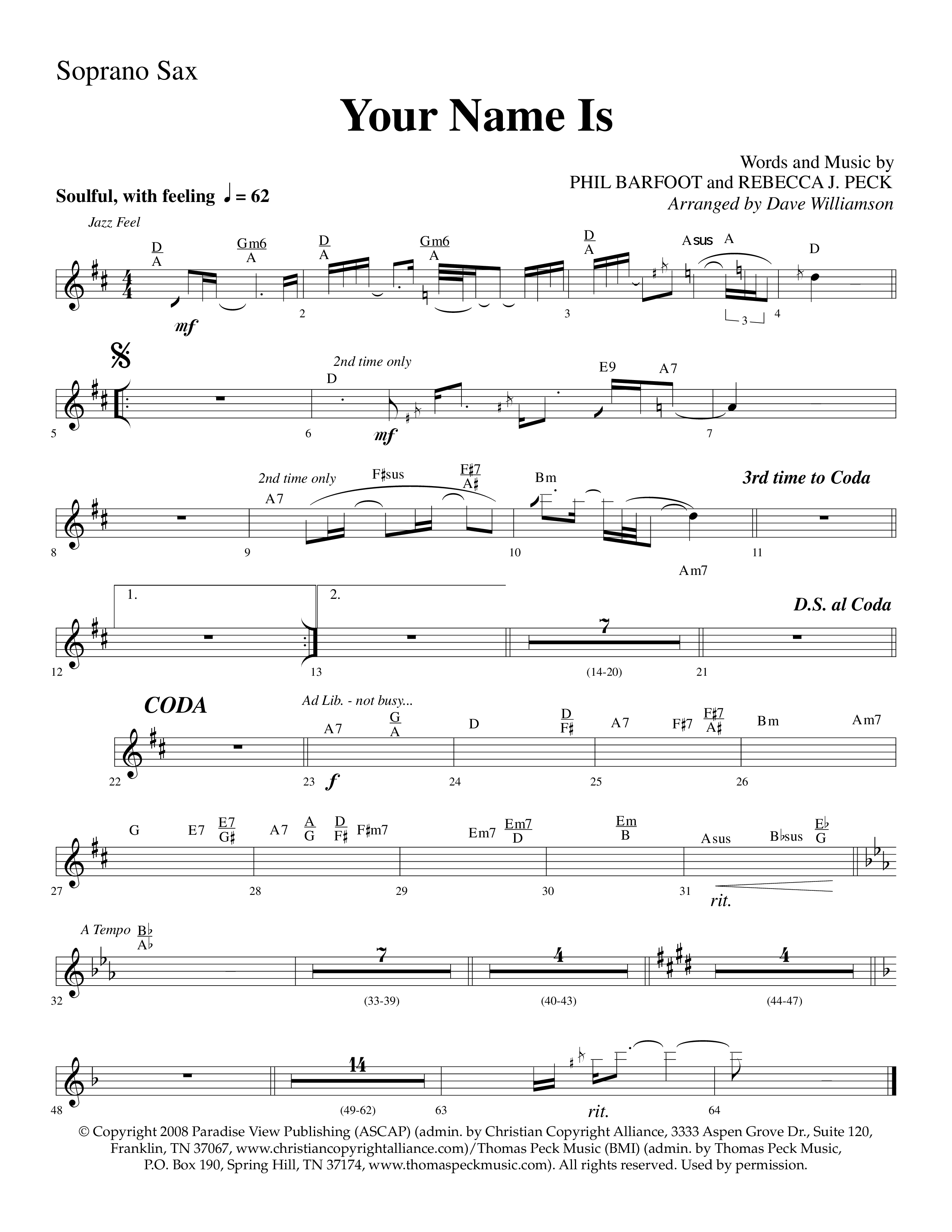 Your Name Is (Choral Anthem SATB) Soprano Sax (Lifeway Choral / Arr. Dave Williamson)