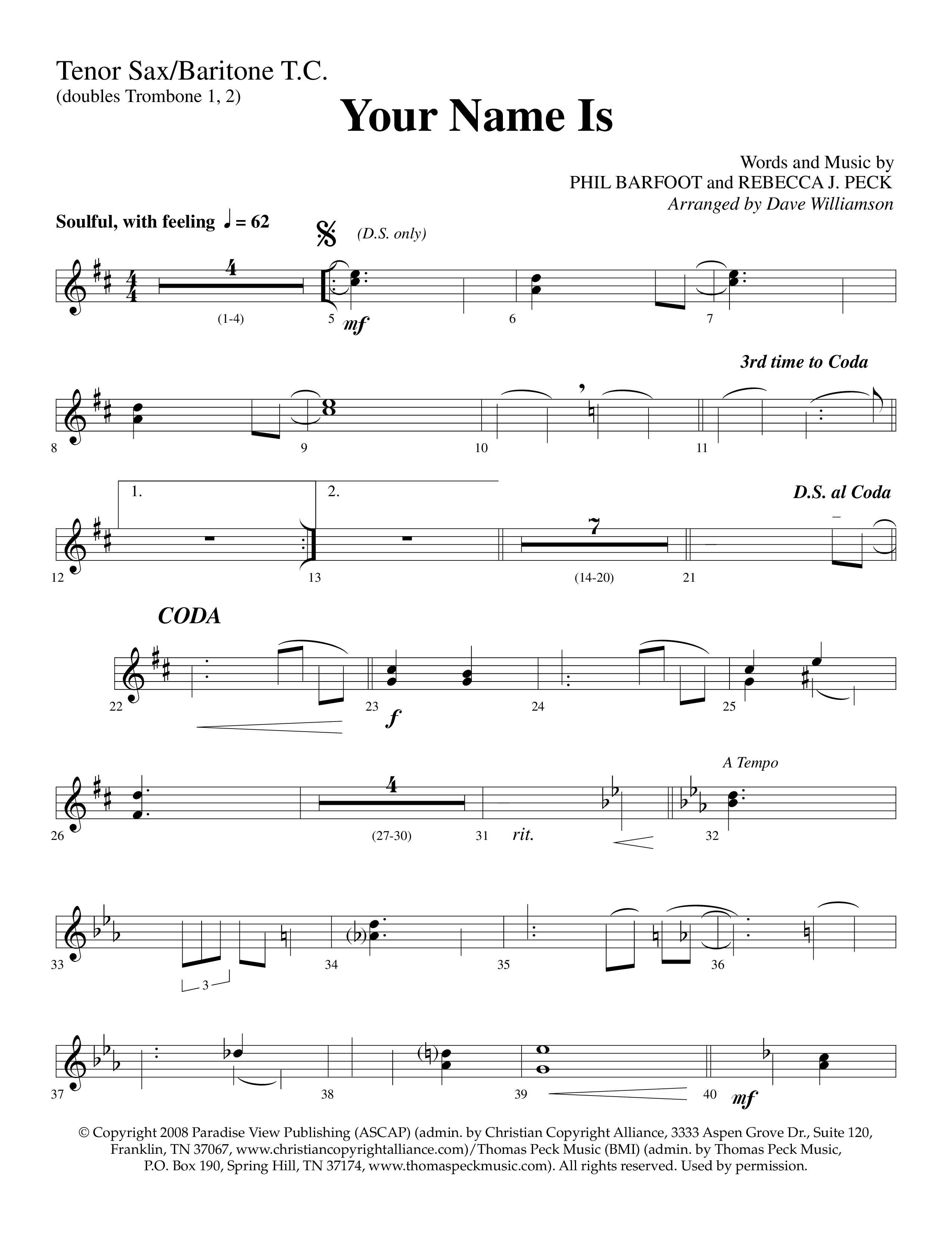Your Name Is (Choral Anthem SATB) Tenor Sax/Baritone T.C. (Lifeway Choral / Arr. Dave Williamson)