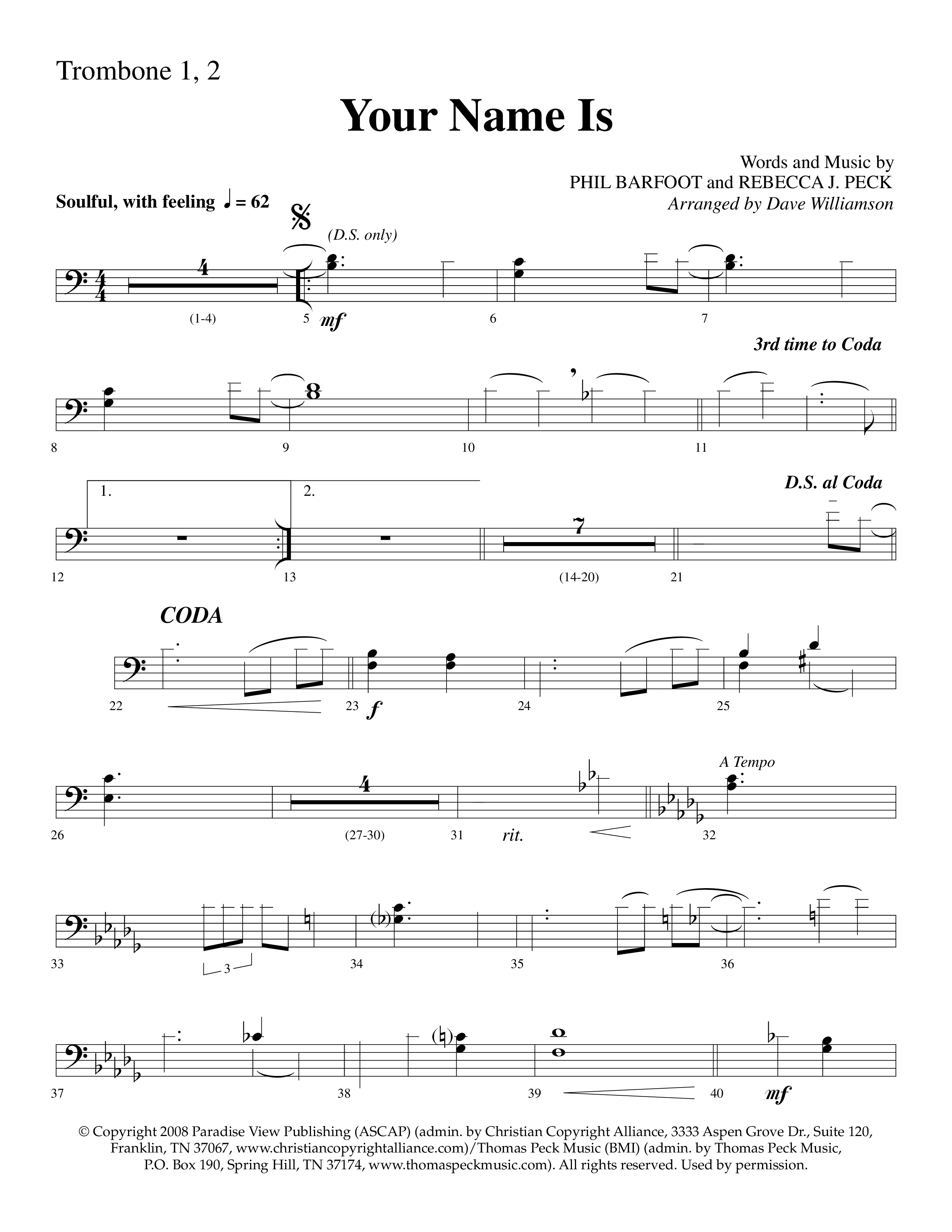 Your Name Is (Choral Anthem SATB) Trombone 1/2 (Lifeway Choral / Arr. Dave Williamson)