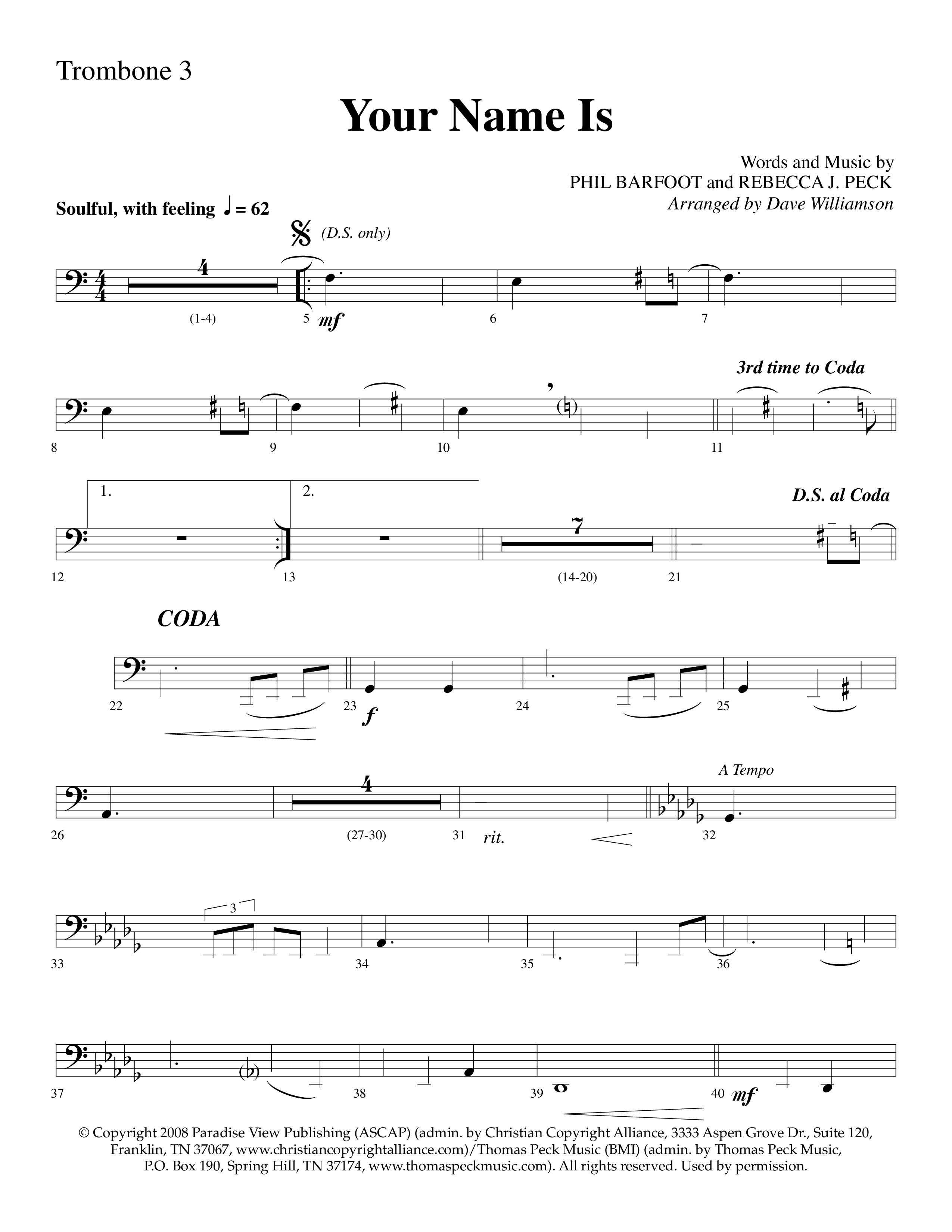 Your Name Is (Choral Anthem SATB) Trombone 3 (Lifeway Choral / Arr. Dave Williamson)