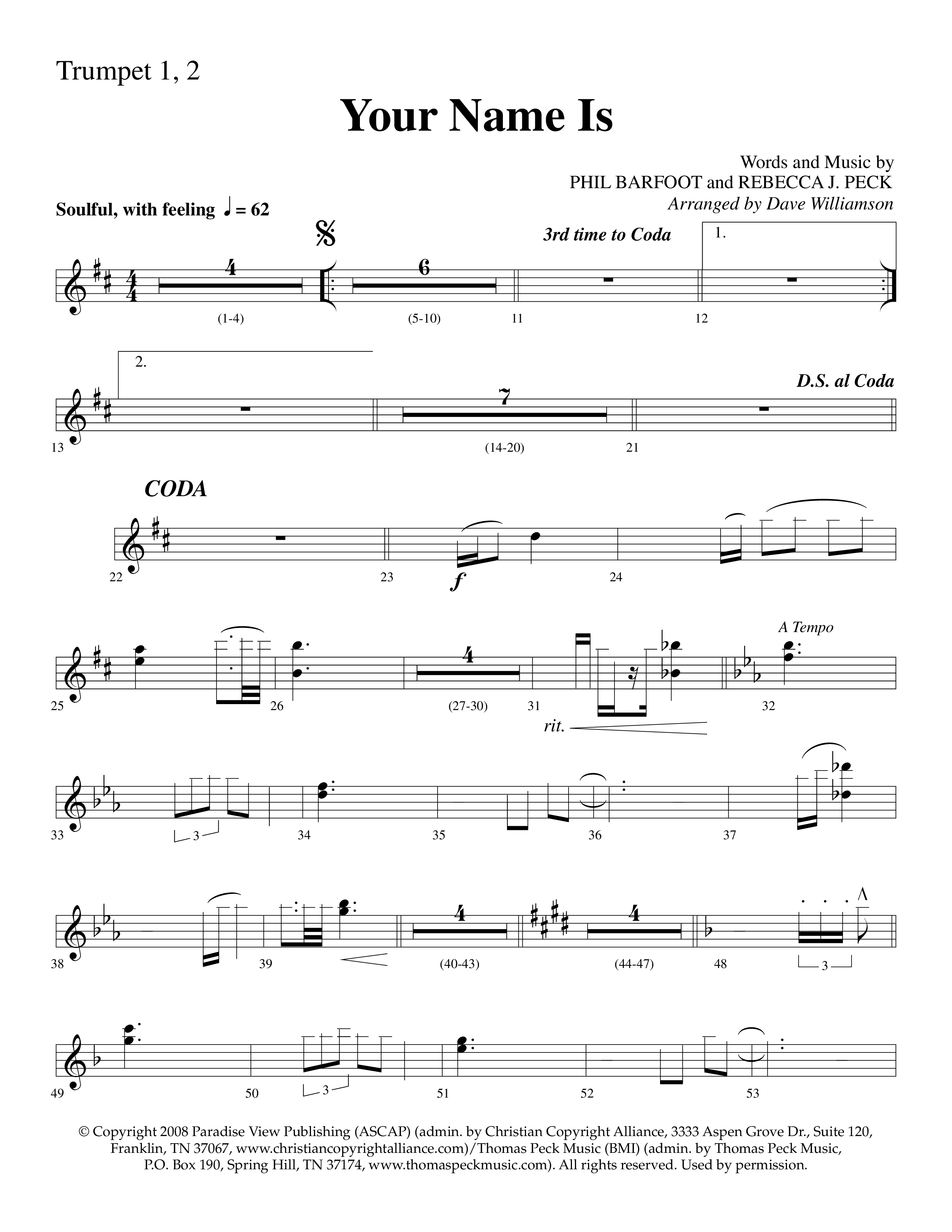 Your Name Is (Choral Anthem SATB) Trumpet 1,2 (Lifeway Choral / Arr. Dave Williamson)
