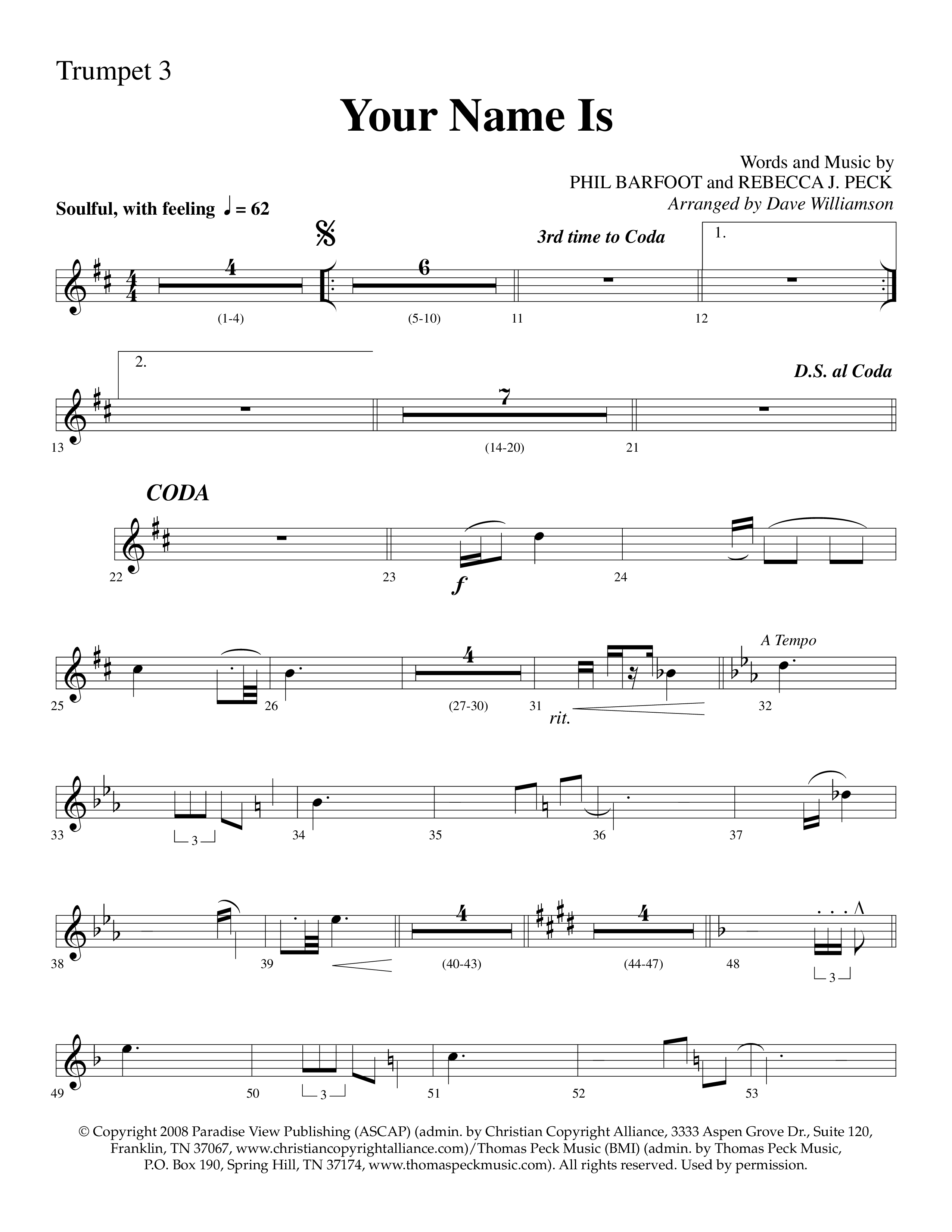 Your Name Is (Choral Anthem SATB) Trumpet 3 (Lifeway Choral / Arr. Dave Williamson)