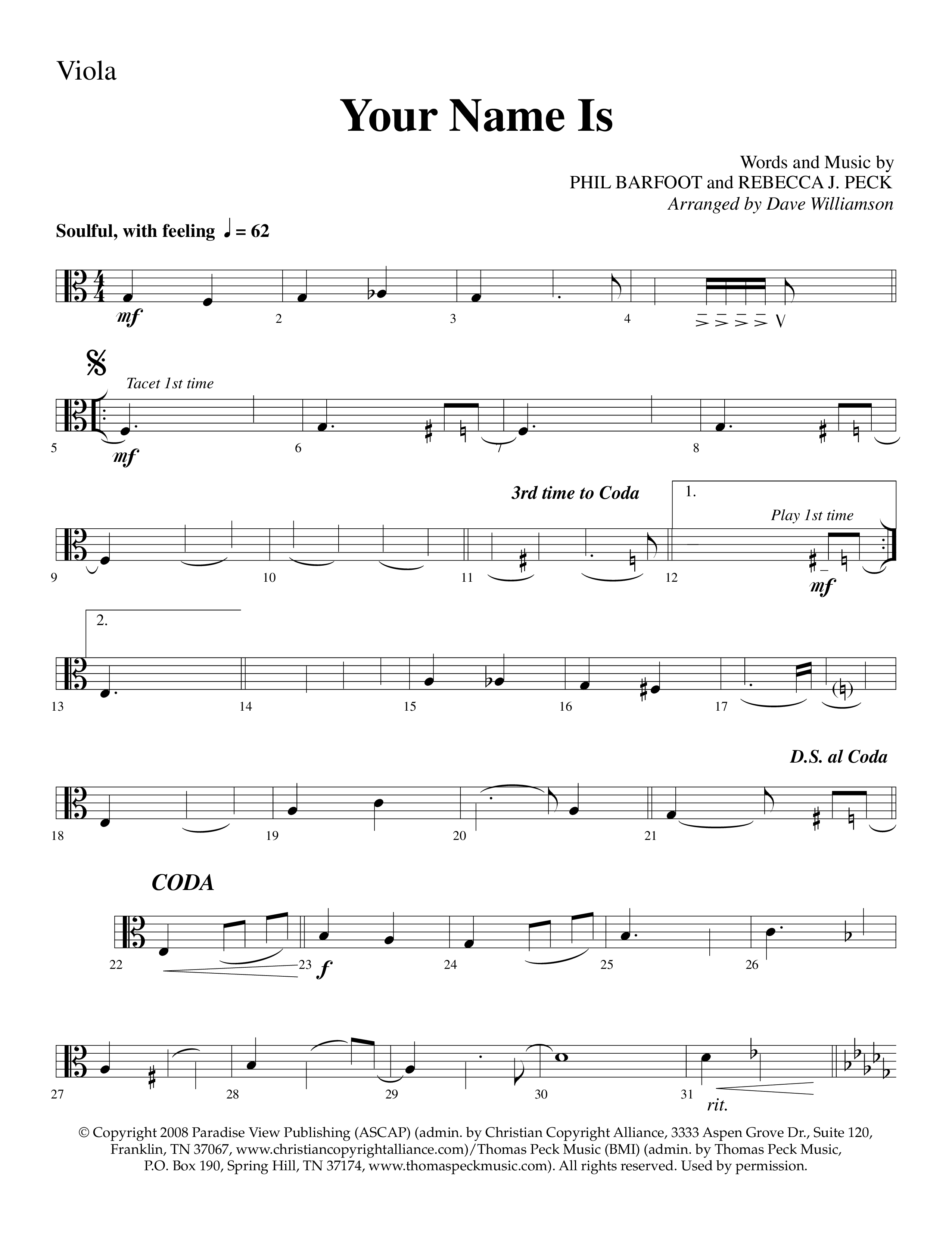 Your Name Is (Choral Anthem SATB) Viola (Lifeway Choral / Arr. Dave Williamson)