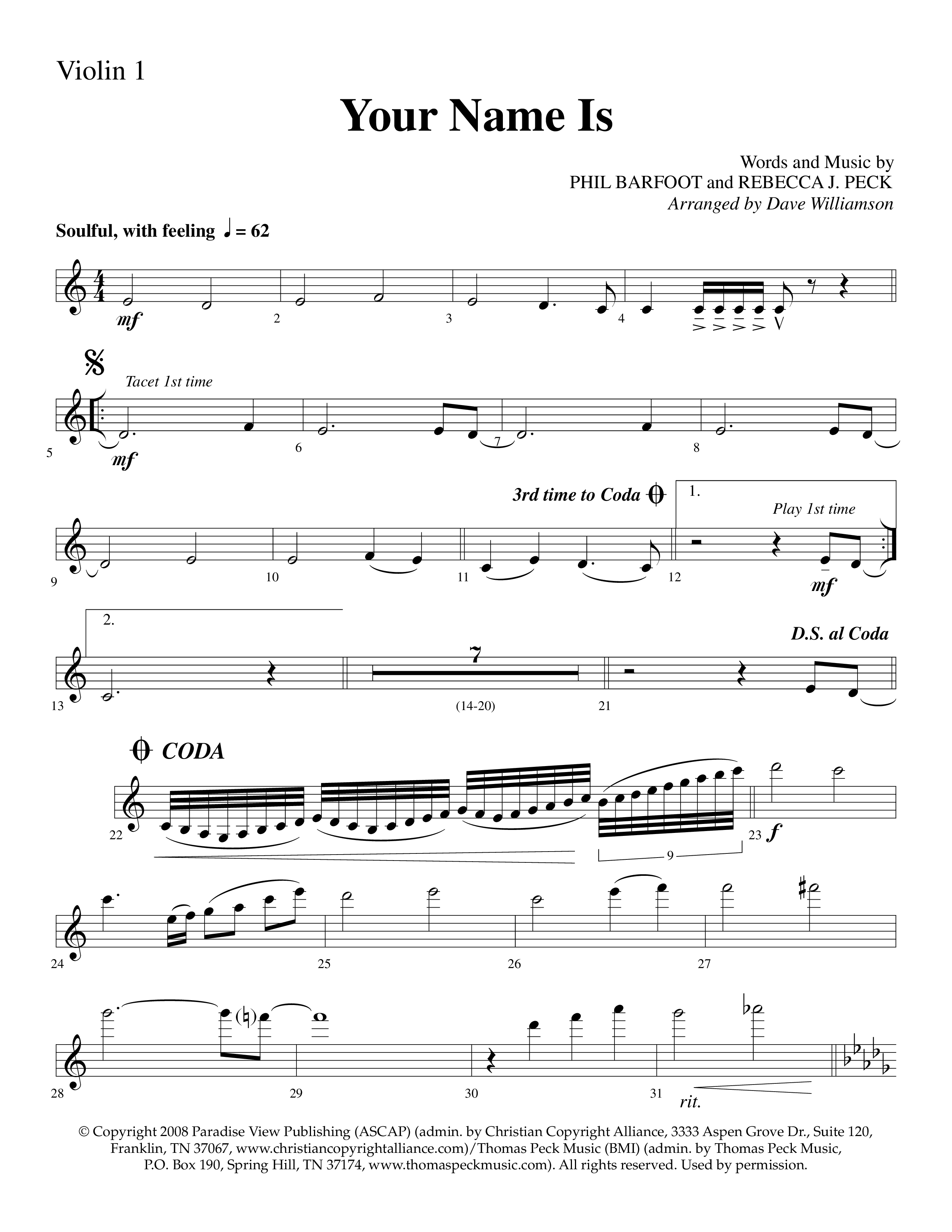 Your Name Is (Choral Anthem SATB) Violin 1 (Lifeway Choral / Arr. Dave Williamson)