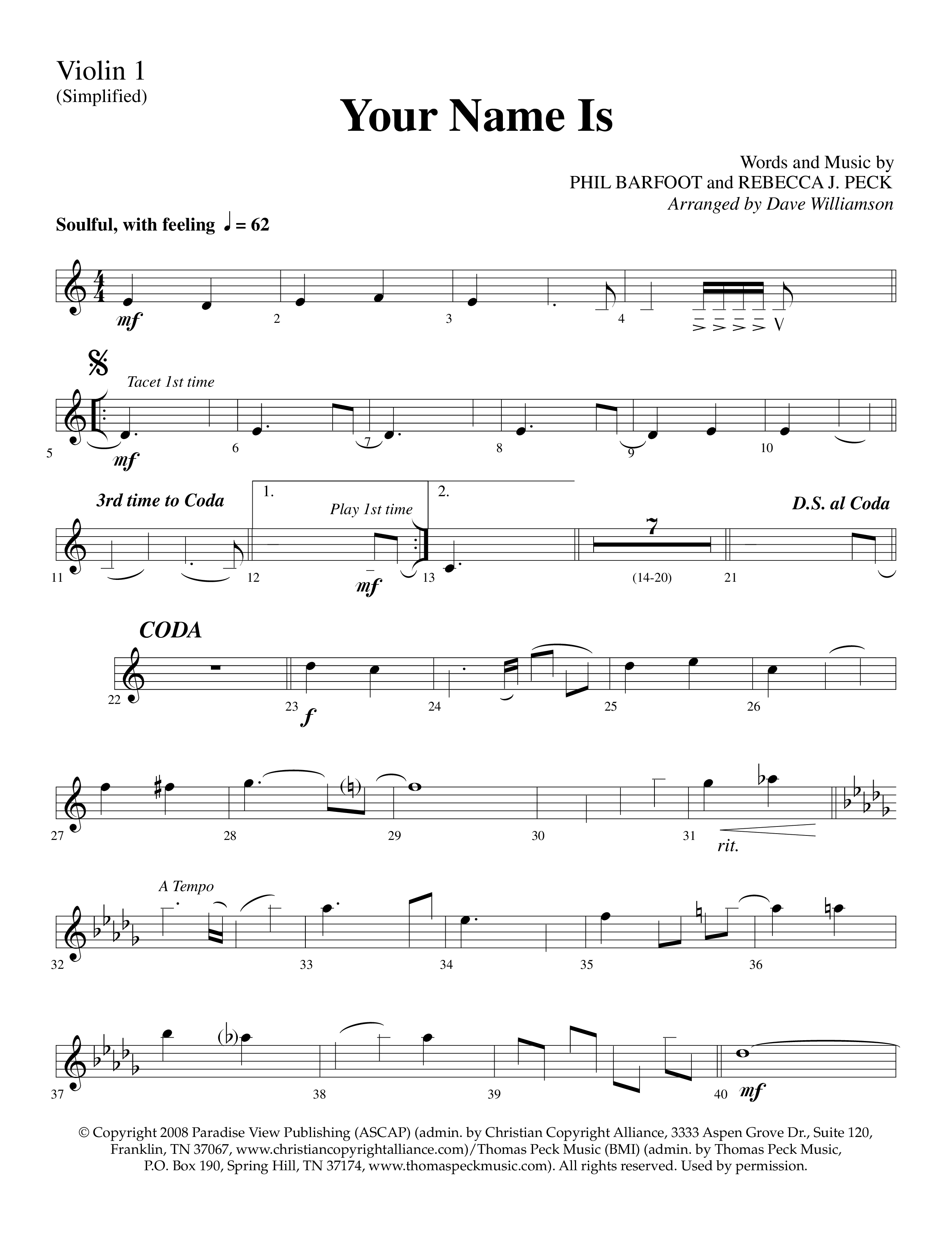 Your Name Is (Choral Anthem SATB) Violin 1 (Lifeway Choral / Arr. Dave Williamson)