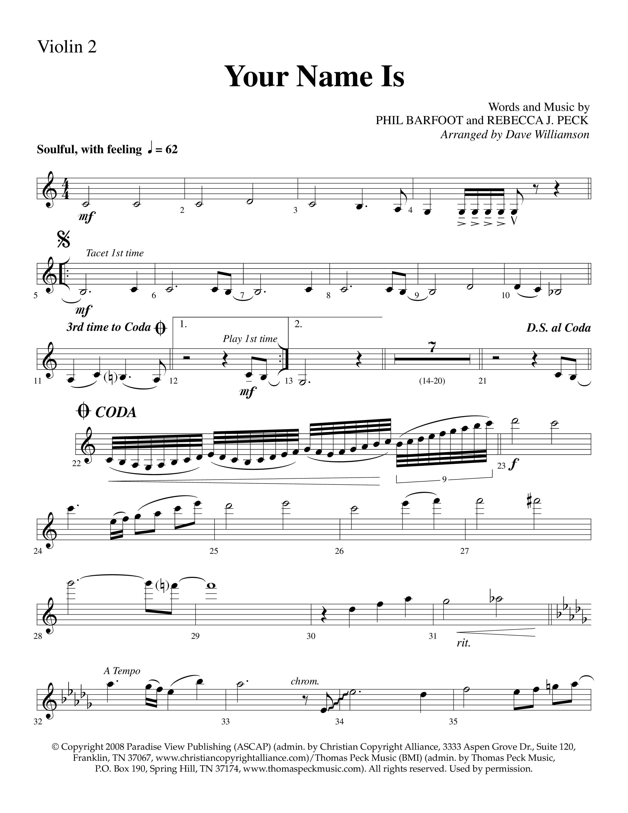 Your Name Is (Choral Anthem SATB) Violin 2 (Lifeway Choral / Arr. Dave Williamson)