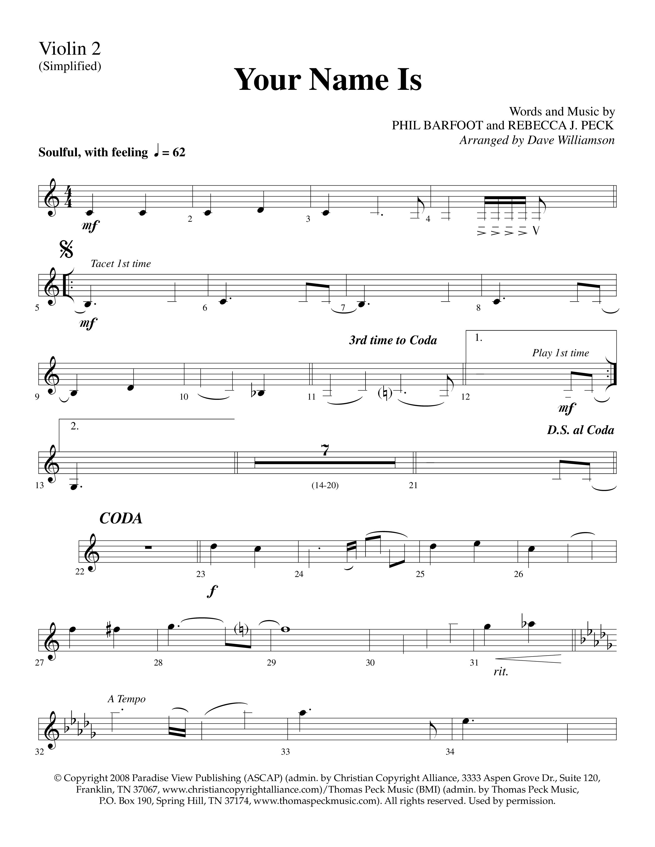 Your Name Is (Choral Anthem SATB) Violin 2 (Lifeway Choral / Arr. Dave Williamson)