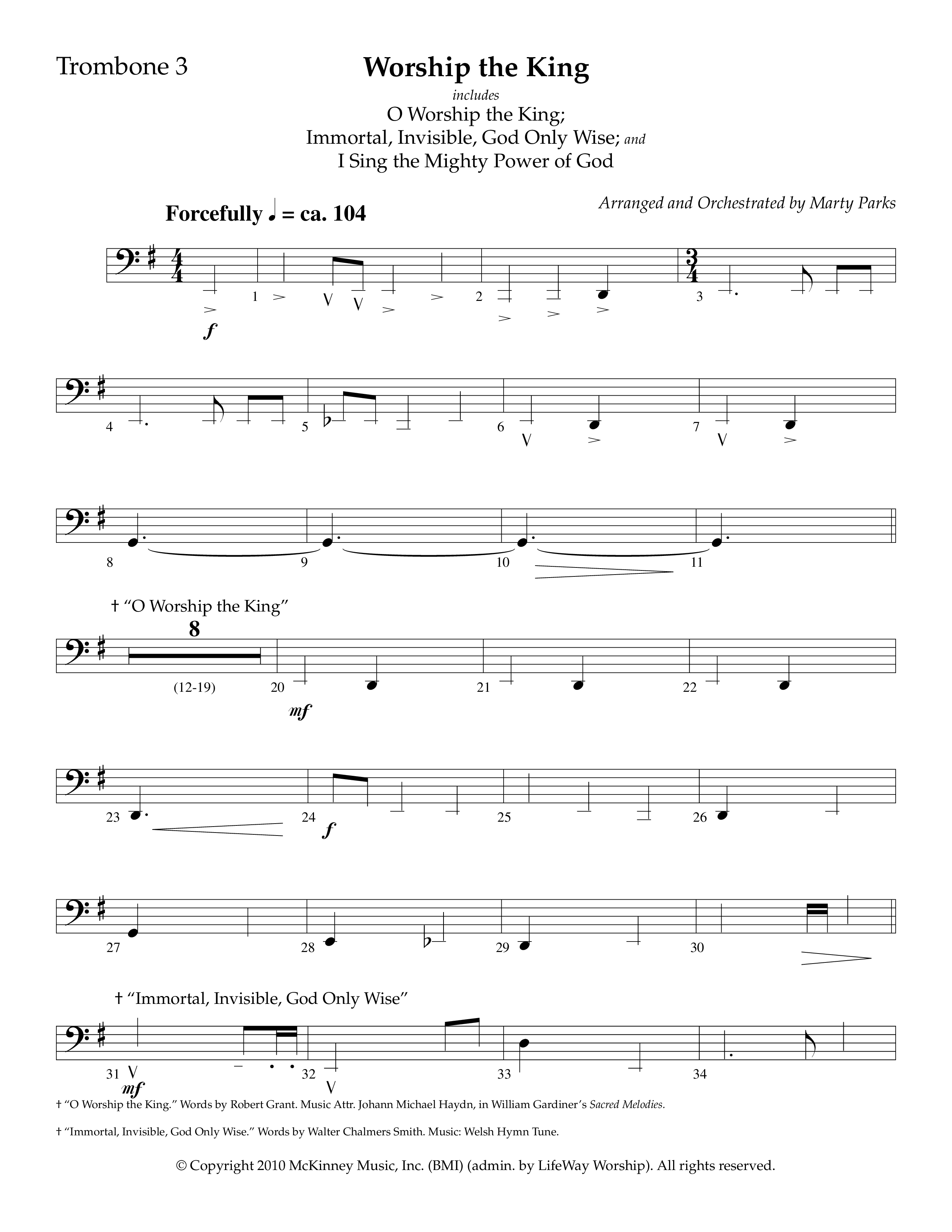 Worship The King (Choral Anthem SATB) Trombone 3 (Lifeway Choral / Arr. Marty Parks)