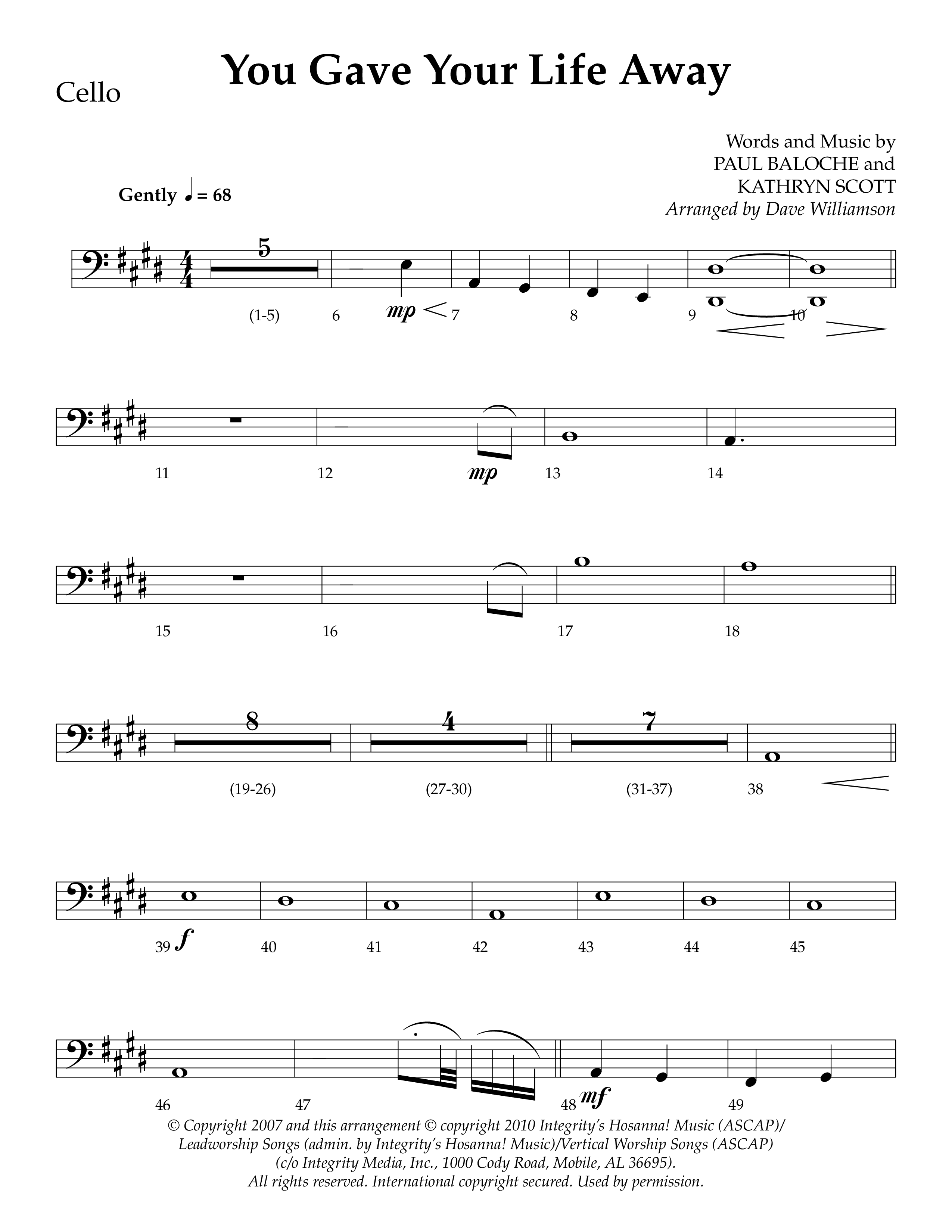 You Gave Your Life Away (Choral Anthem SATB) Cello (Lifeway Choral / Arr. Dave Williamson)