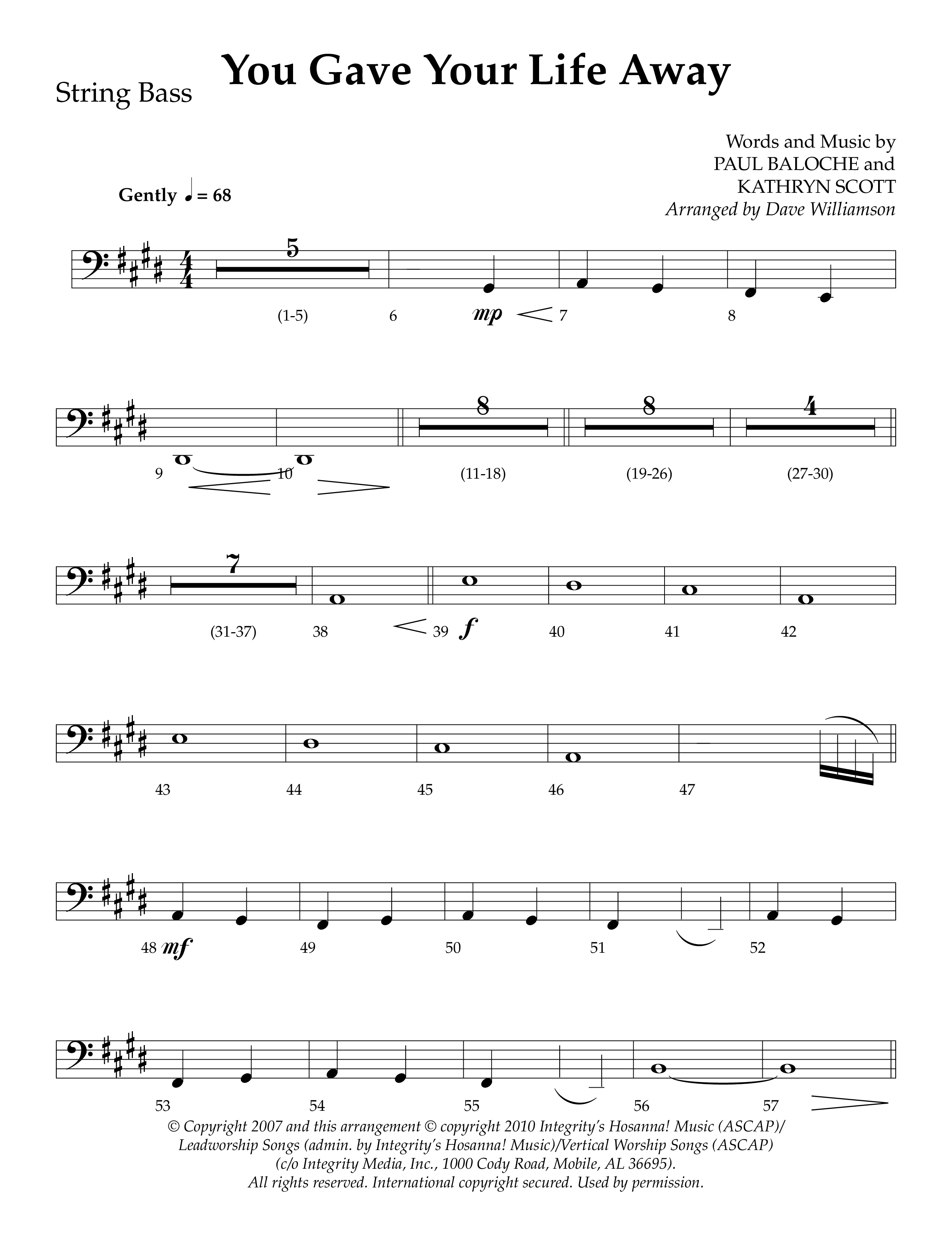 You Gave Your Life Away (Choral Anthem SATB) String Bass (Lifeway Choral / Arr. Dave Williamson)
