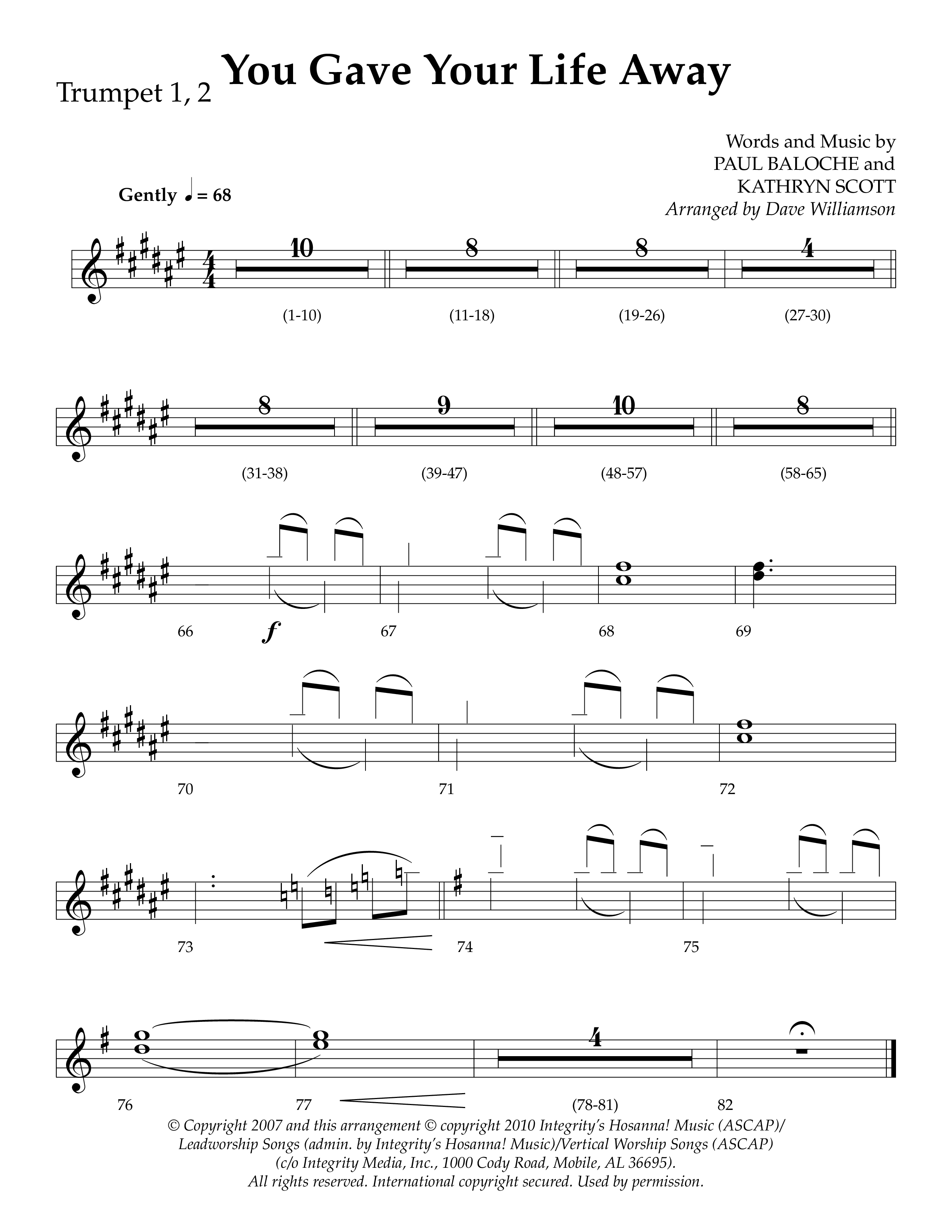 You Gave Your Life Away (Choral Anthem SATB) Trumpet 1,2 (Lifeway Choral / Arr. Dave Williamson)