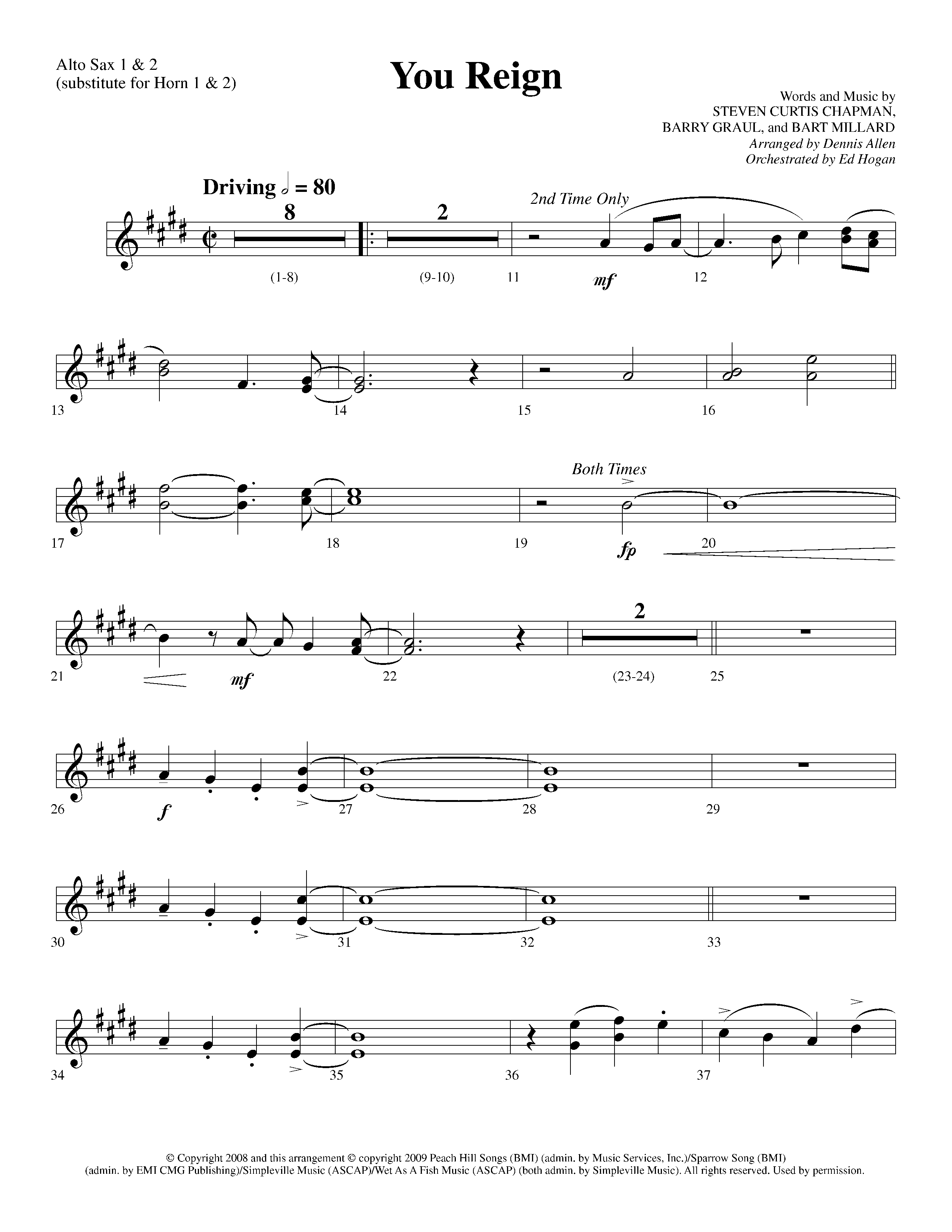 You Reign (Choral Anthem SATB) Alto Sax 1/2 (Lifeway Choral / Arr. Dennis Allen / Orch. Ed Hogan)