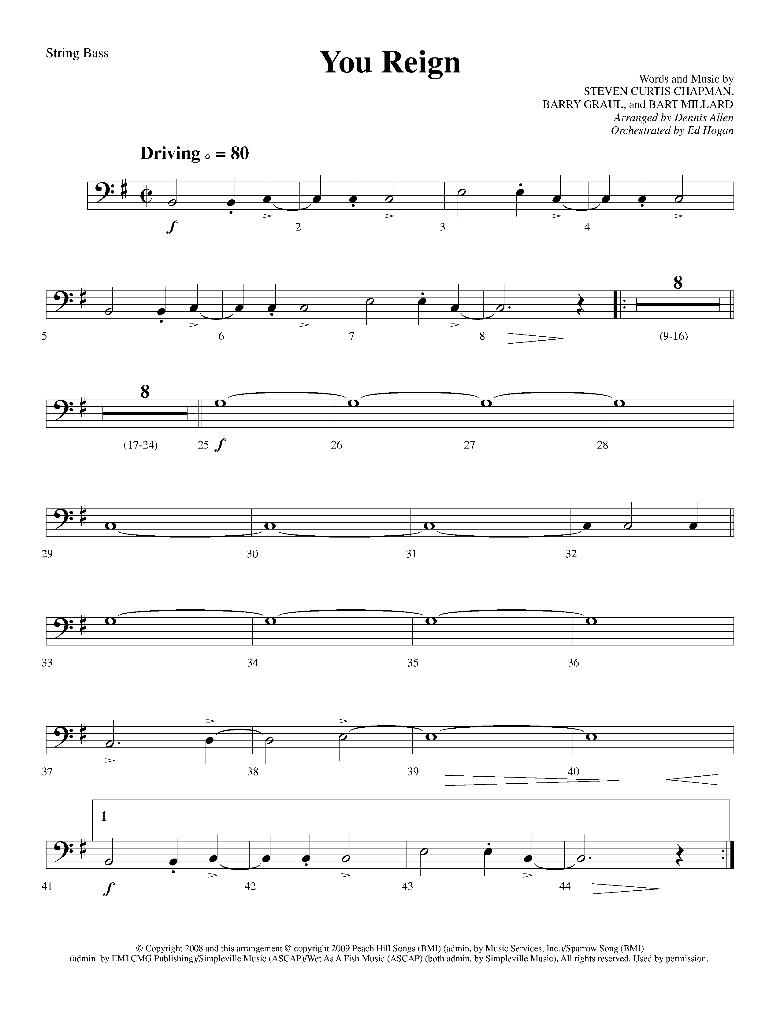 You Reign (Choral Anthem SATB) String Bass (Lifeway Choral / Arr. Dennis Allen / Orch. Ed Hogan)