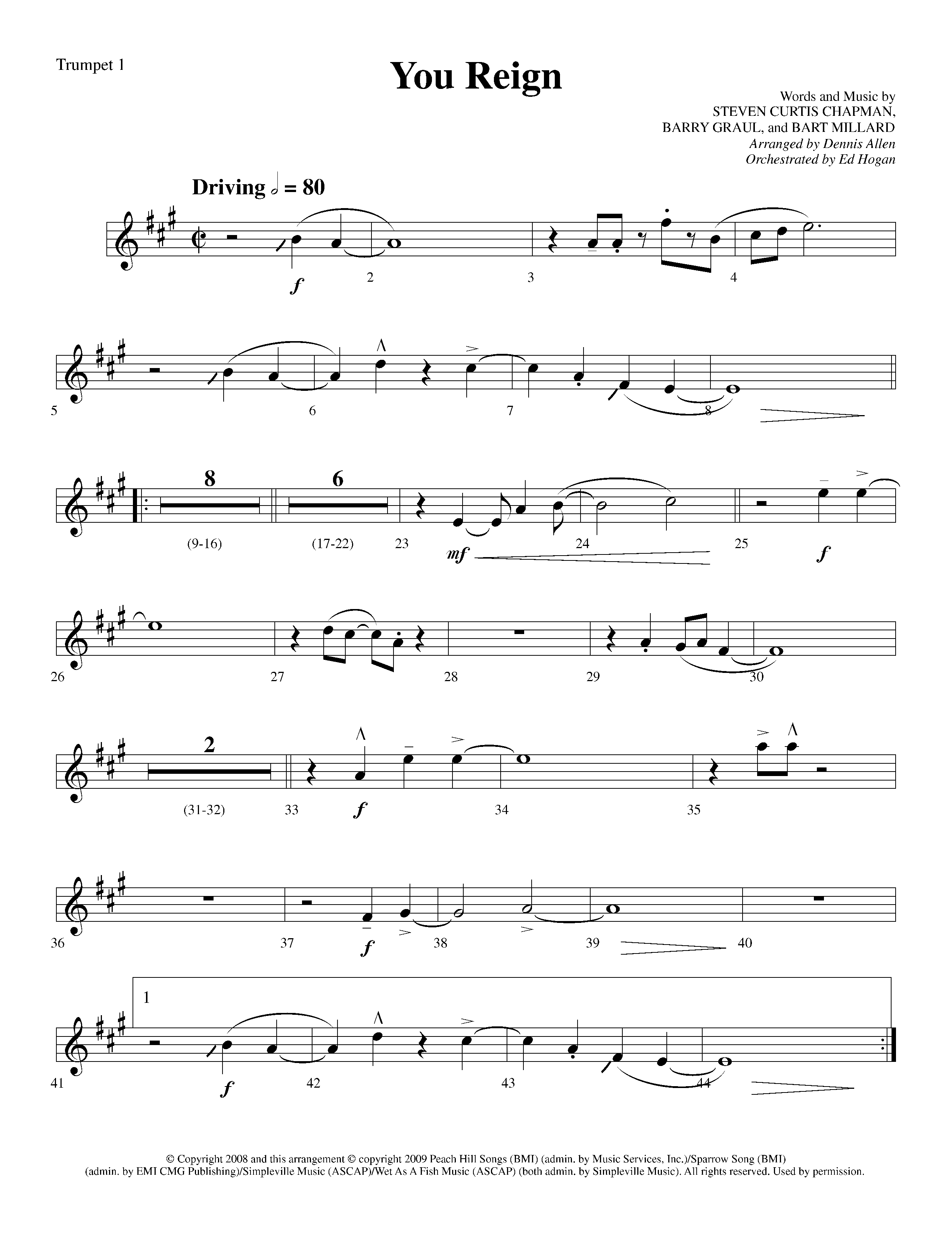 You Reign (Choral Anthem SATB) Trumpet 1 (Lifeway Choral / Arr. Dennis Allen / Orch. Ed Hogan)