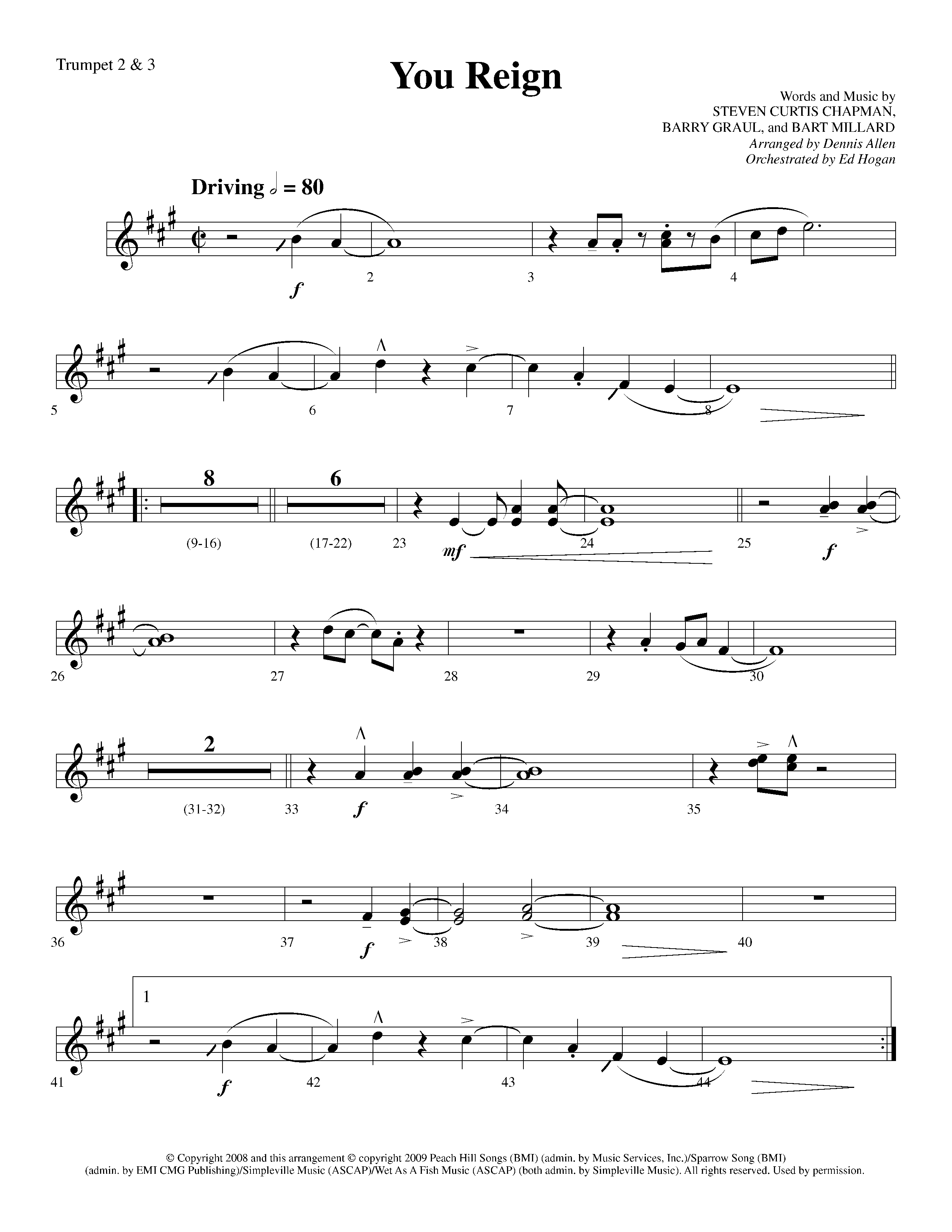 You Reign (Choral Anthem SATB) Trumpet 2/3 (Lifeway Choral / Arr. Dennis Allen / Orch. Ed Hogan)