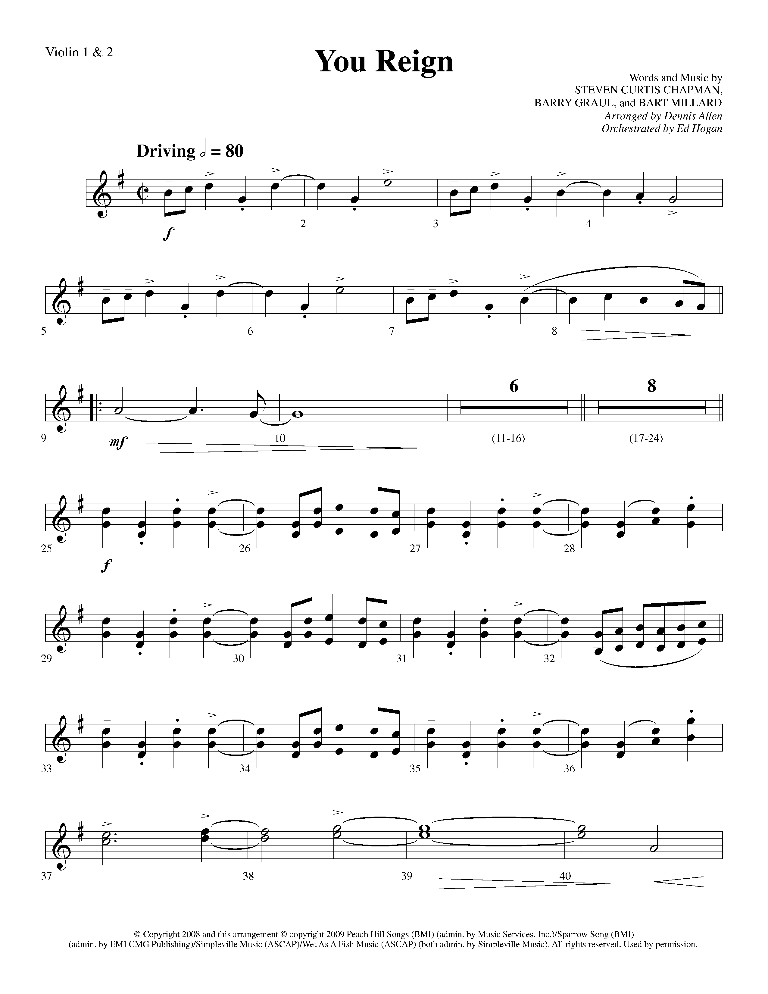 You Reign (Choral Anthem SATB) Violin 1/2 (Lifeway Choral / Arr. Dennis Allen / Orch. Ed Hogan)
