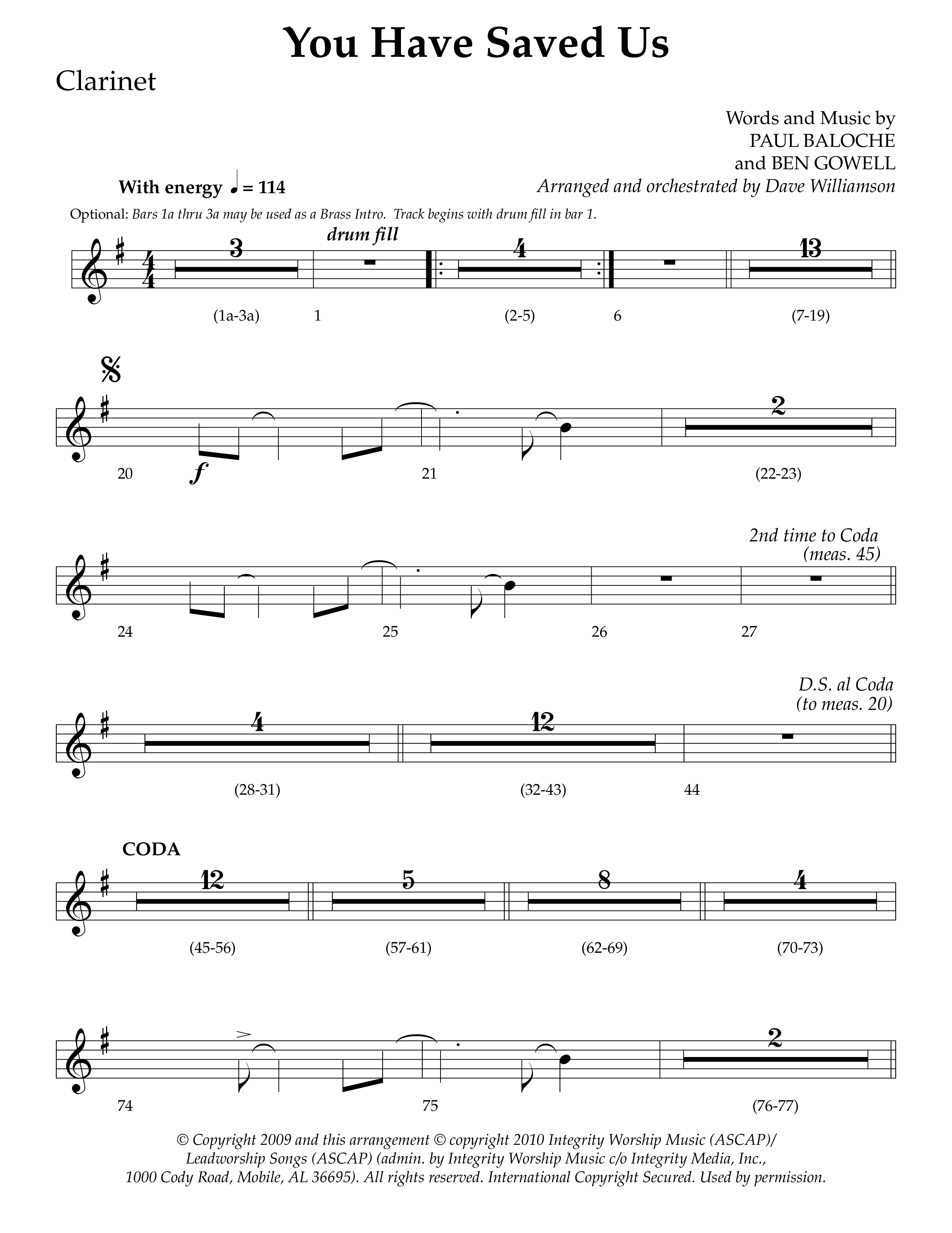 You Have Saved Us (Choral Anthem SATB) Clarinet 1/2 (Lifeway Choral / Arr. Dave Williamson)
