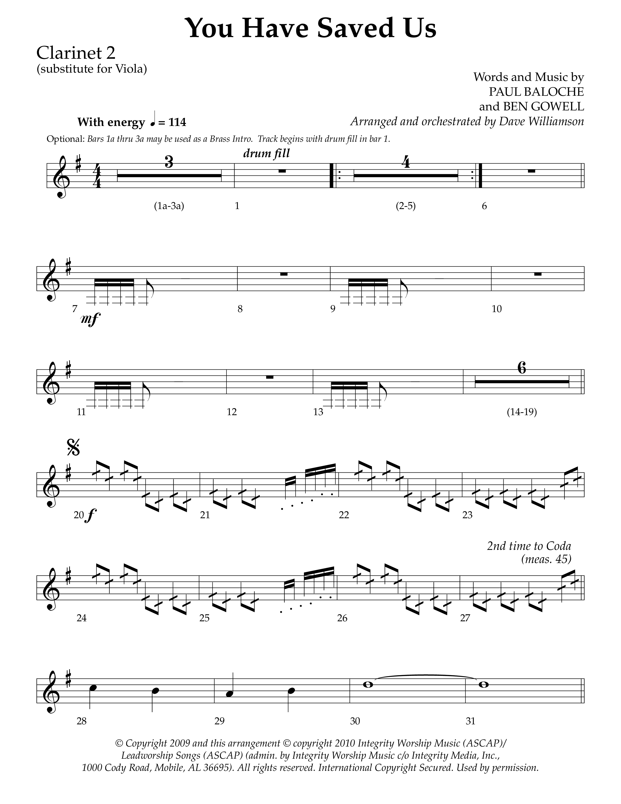 You Have Saved Us (Choral Anthem SATB) Clarinet 1/2 (Lifeway Choral / Arr. Dave Williamson)