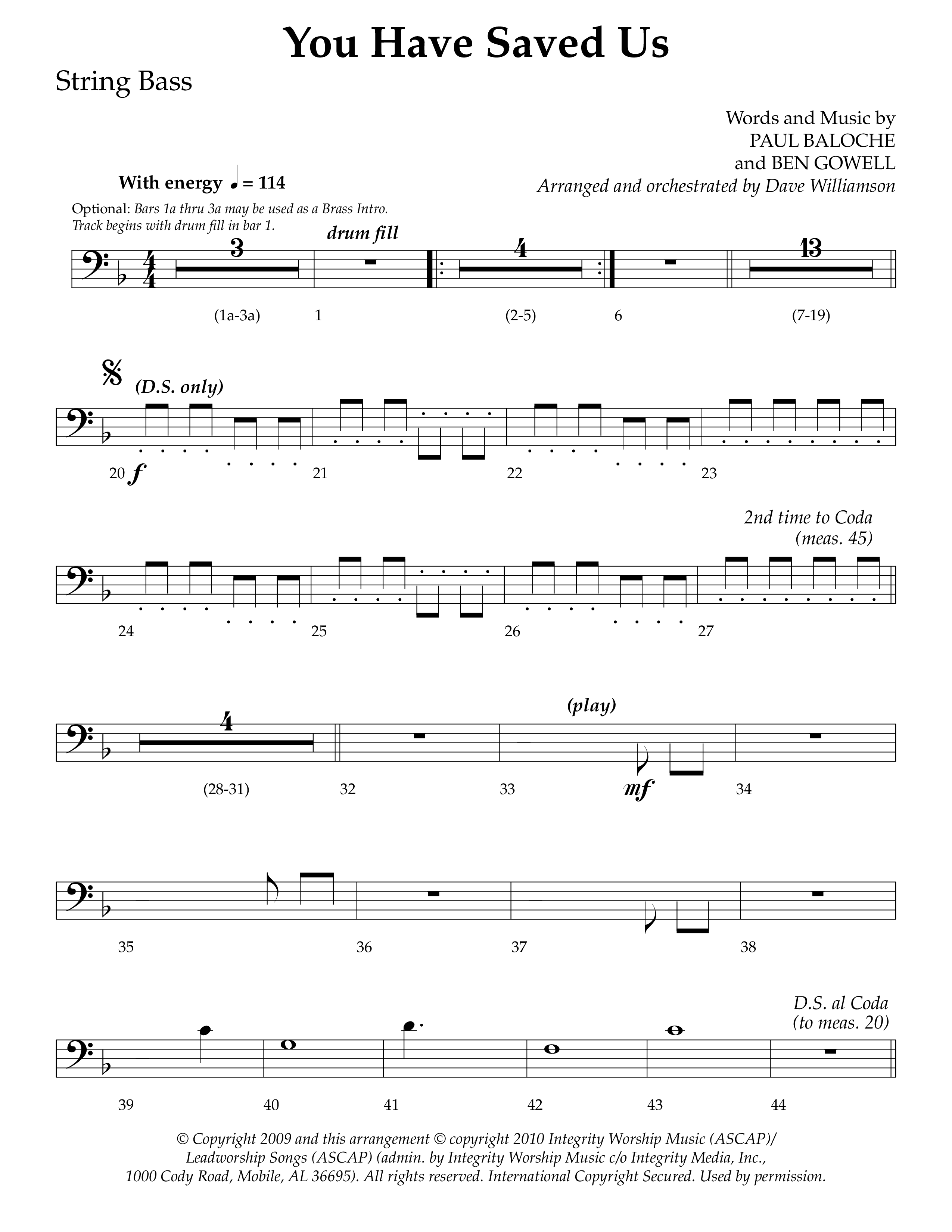 You Have Saved Us (Choral Anthem SATB) String Bass (Lifeway Choral / Arr. Dave Williamson)