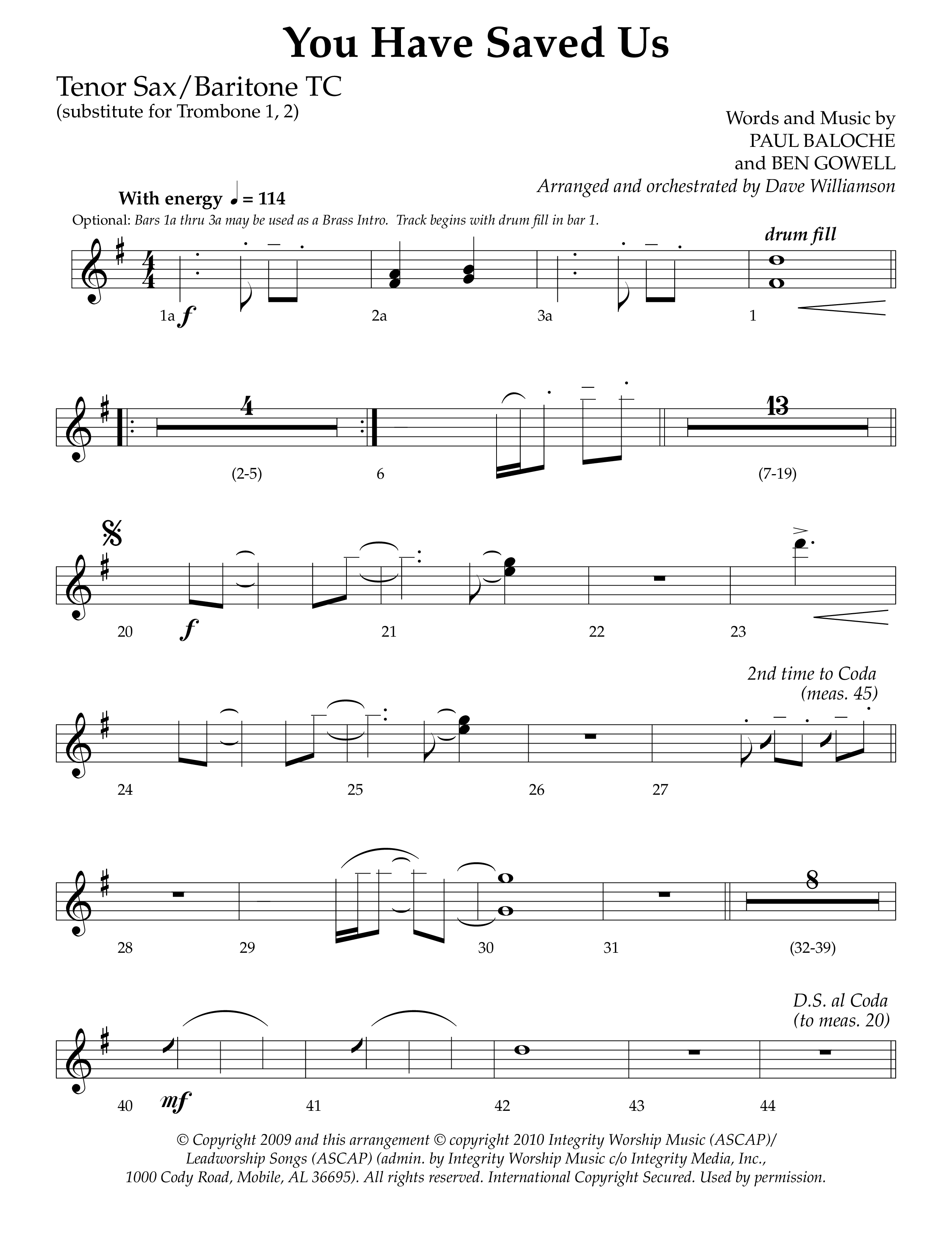 You Have Saved Us (Choral Anthem SATB) Tenor Sax/Baritone T.C. (Lifeway Choral / Arr. Dave Williamson)
