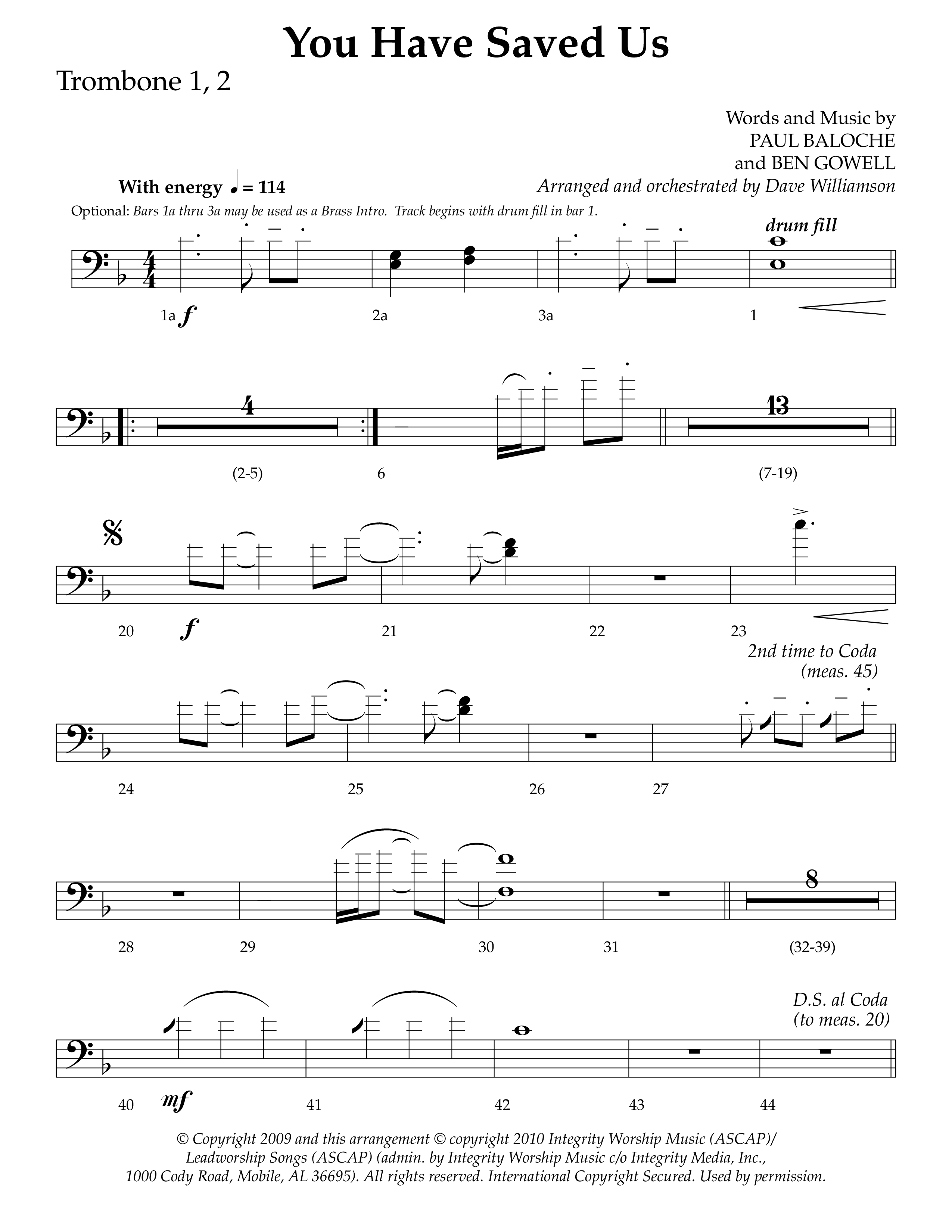 You Have Saved Us (Choral Anthem SATB) Trombone 1/2 (Lifeway Choral / Arr. Dave Williamson)