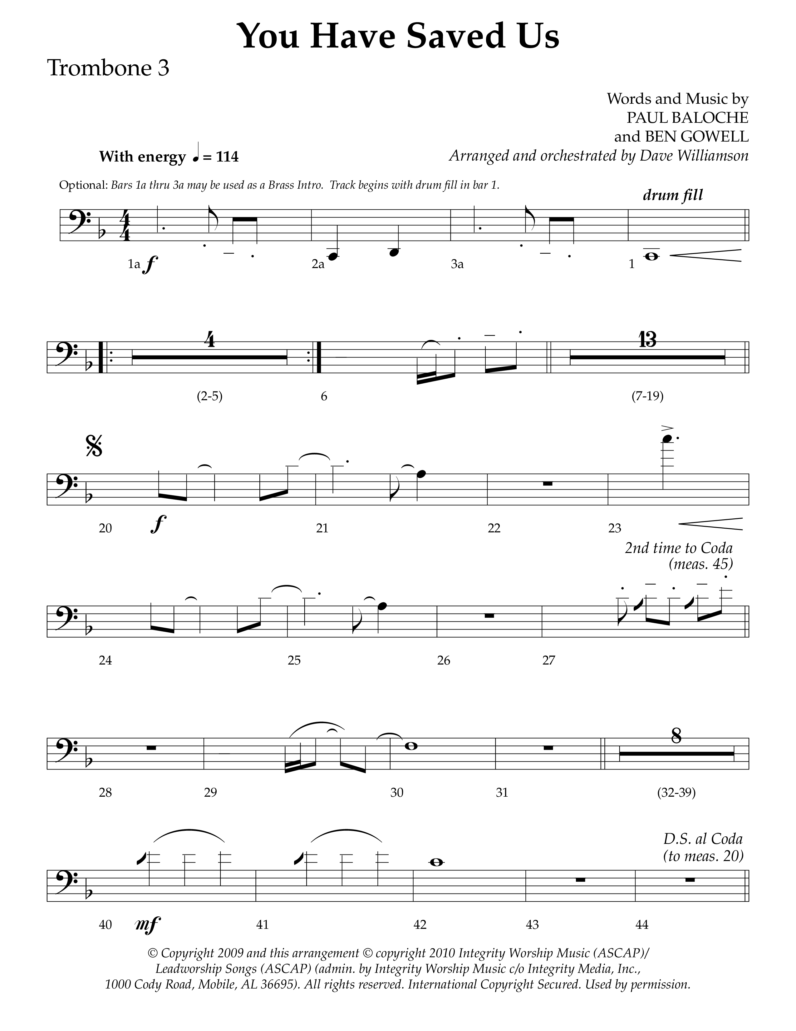 You Have Saved Us (Choral Anthem SATB) Trombone 3 (Lifeway Choral / Arr. Dave Williamson)
