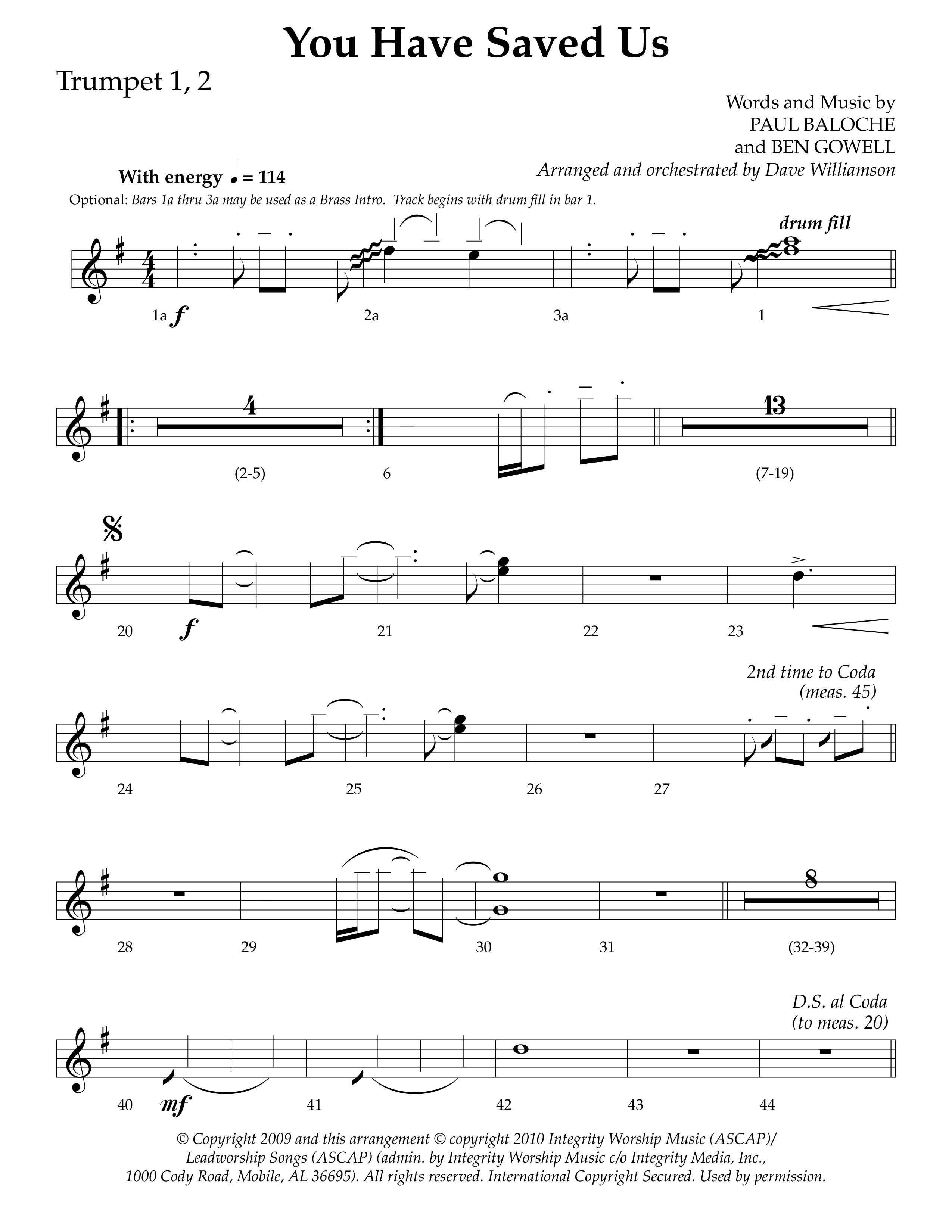You Have Saved Us (Choral Anthem SATB) Trumpet 1,2 (Lifeway Choral / Arr. Dave Williamson)
