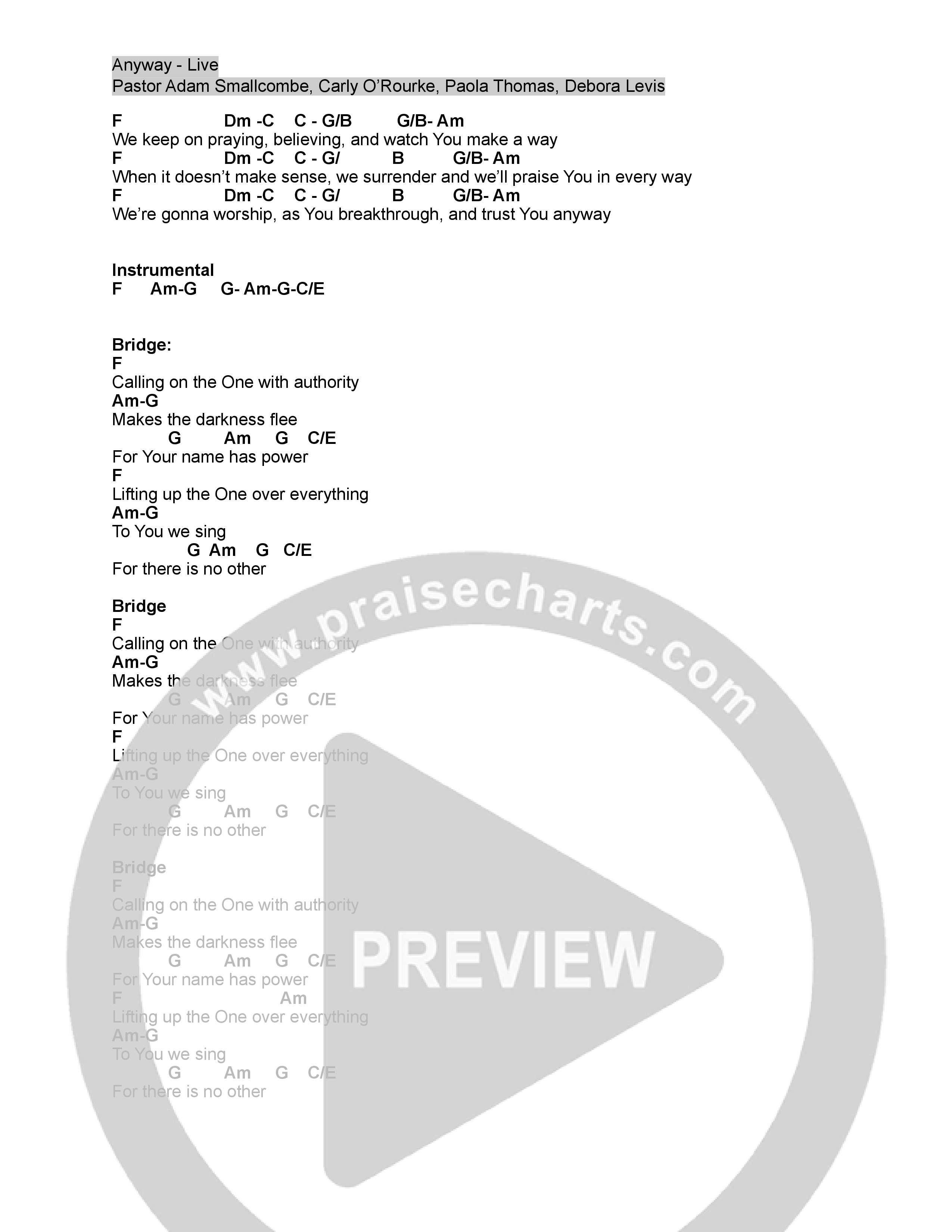Anyway (Live) Chord Chart (Vive Worship)
