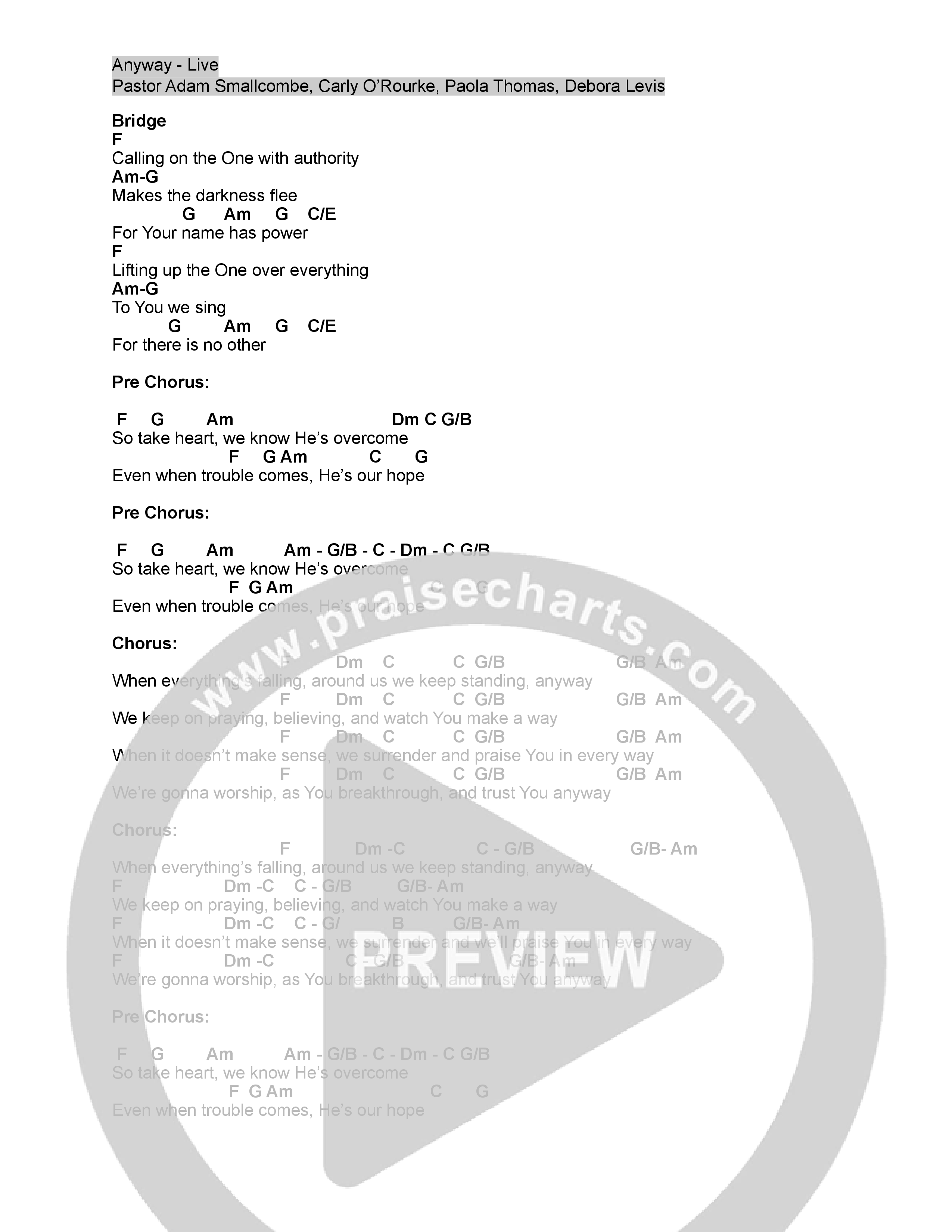 Anyway (Live) Chord Chart (Vive Worship)