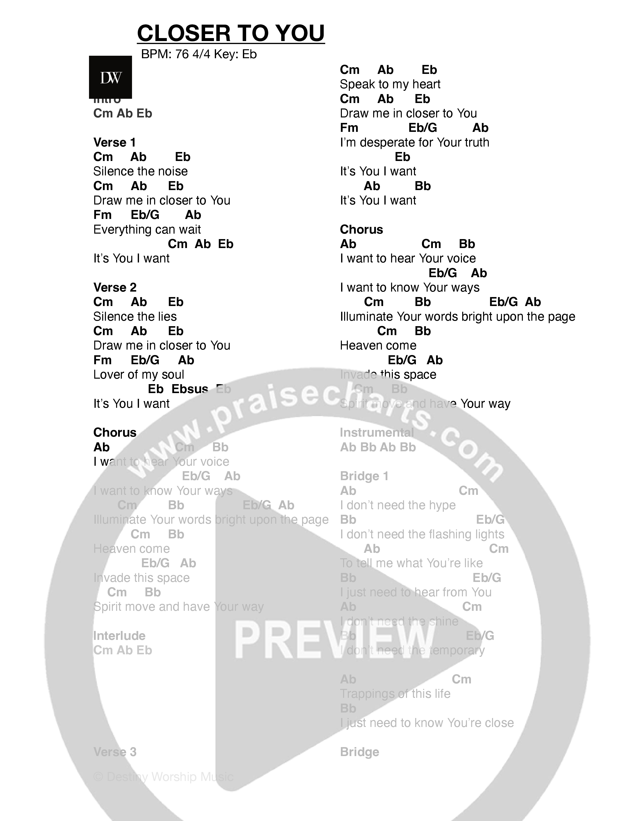 Closer To You (Live) Chord Chart (Destiny Worship Music)