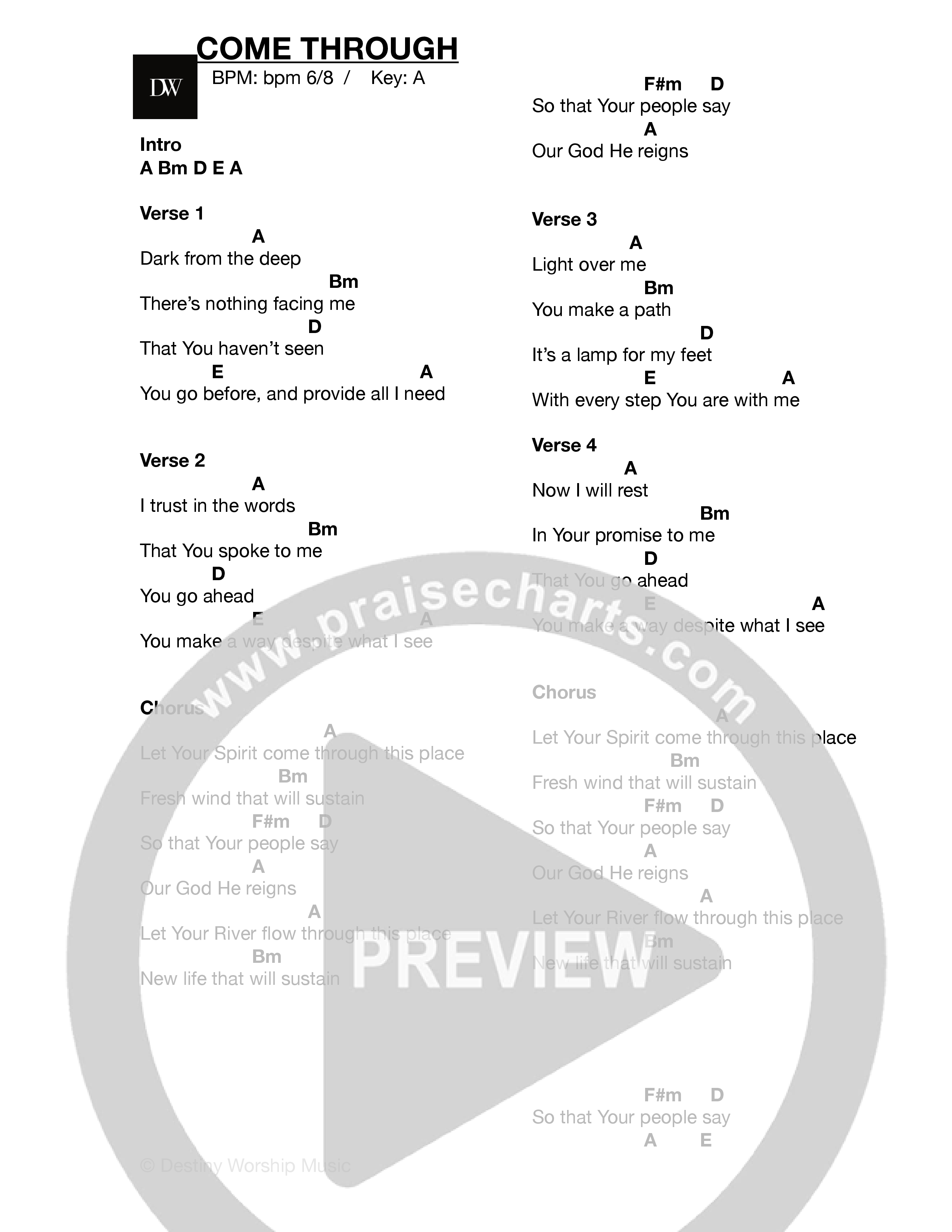 Come Through (Live) Chord Chart (Destiny Worship Music)