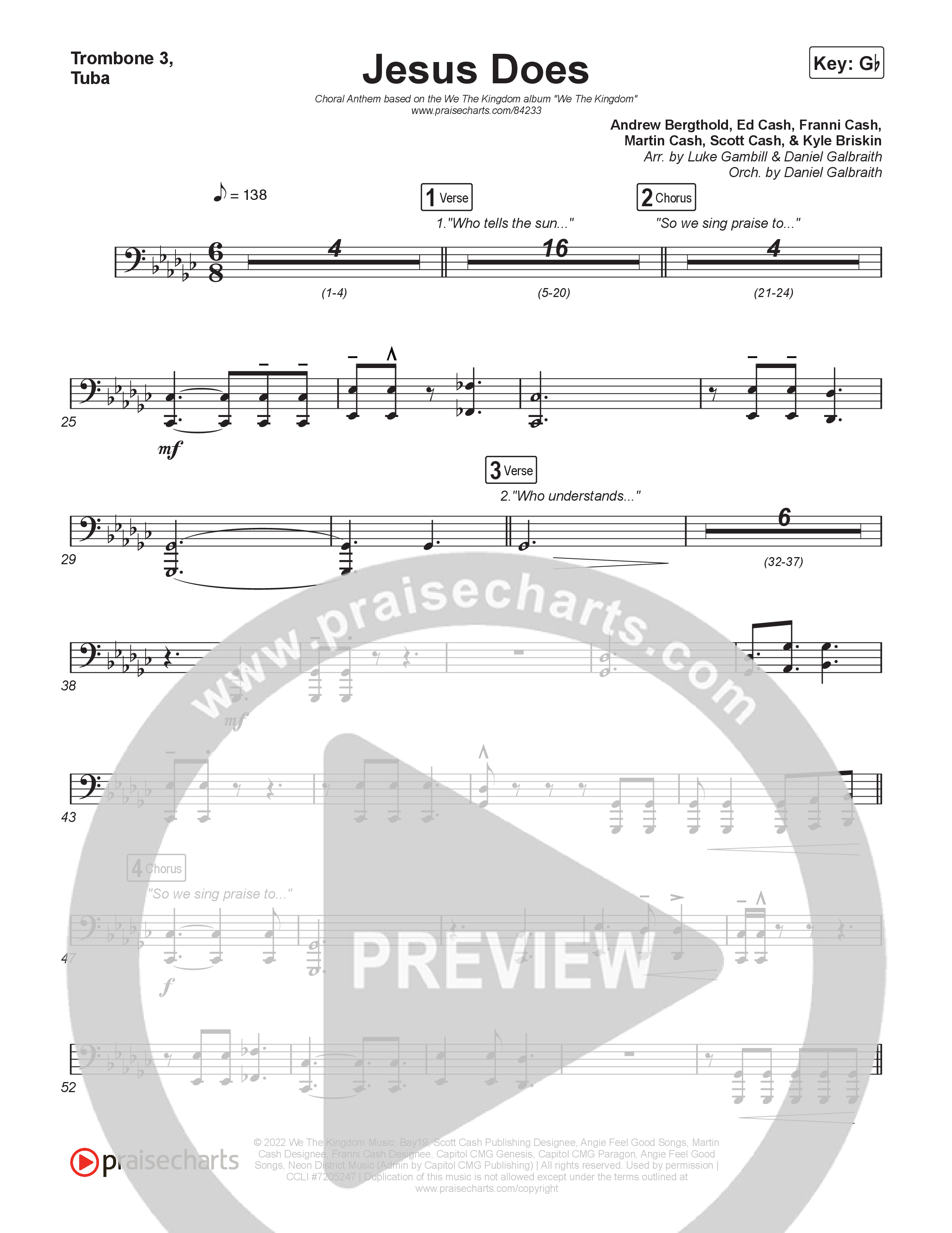 Jesus Does (Choral Anthem SATB) Trombone 1,2 (We The Kingdom / Arr. Luke Gambill)