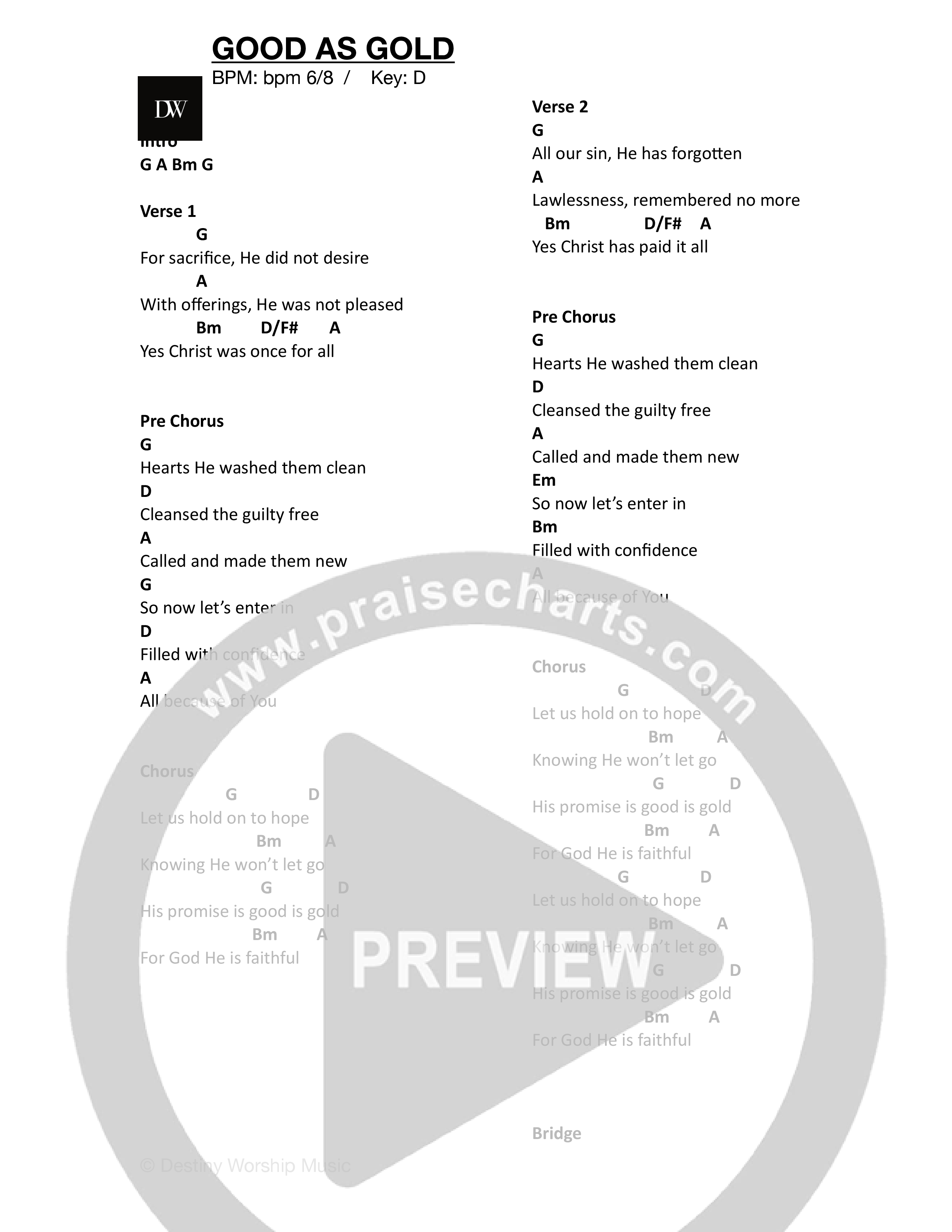 Good As Gold (Live) Chord Chart (Destiny Worship Music)