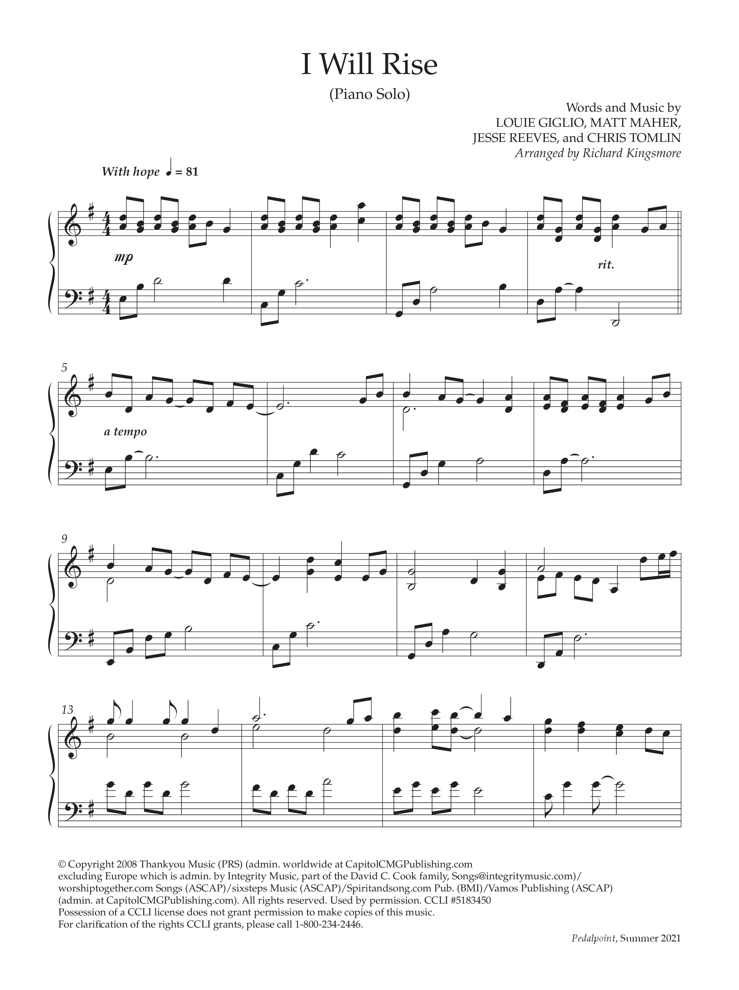 I Will Rise (Instrumental) Piano Solo (Lifeway Worship / Arr. Richard Kingsmore)