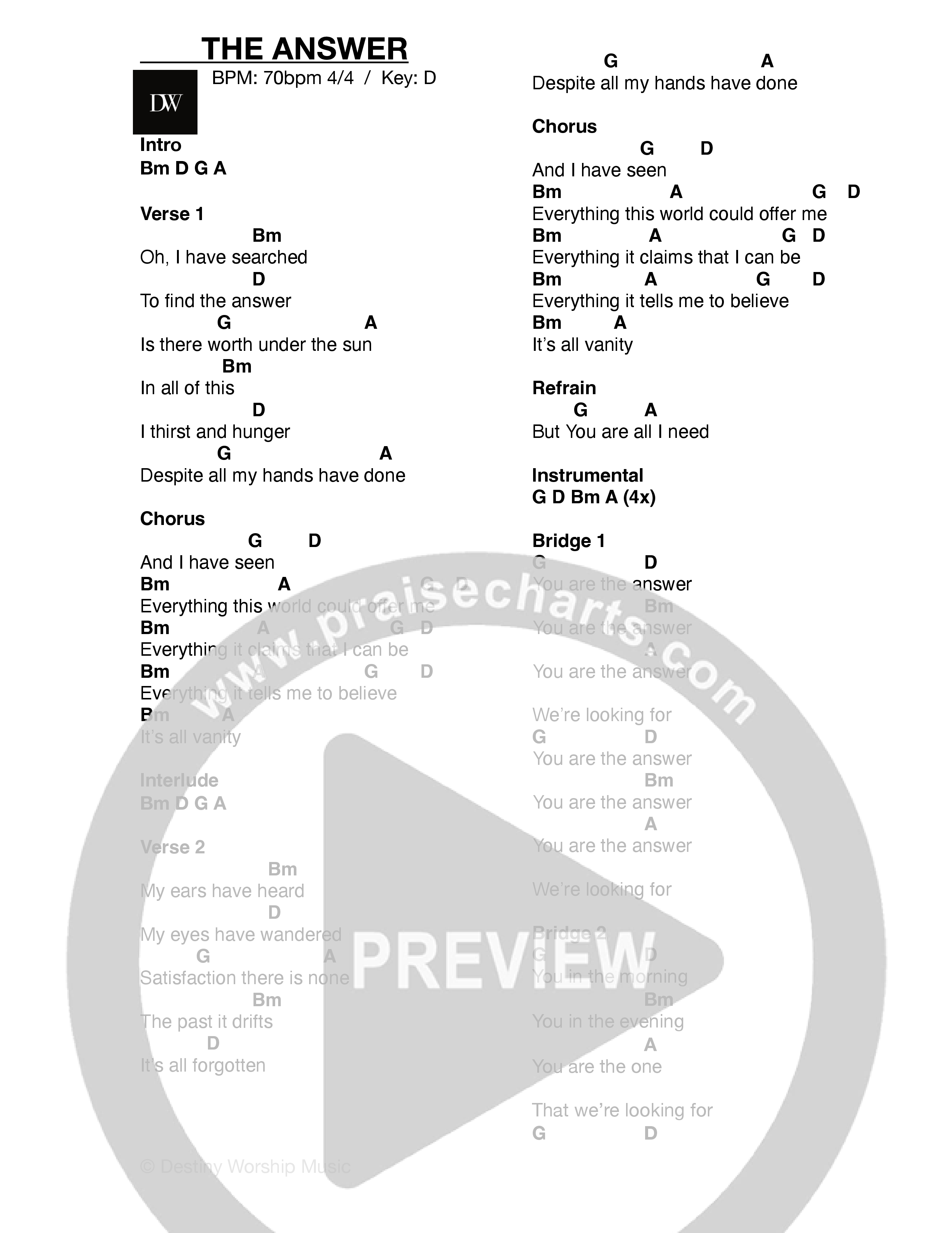 The Answer (Live) Chord Chart (Destiny Worship Music)