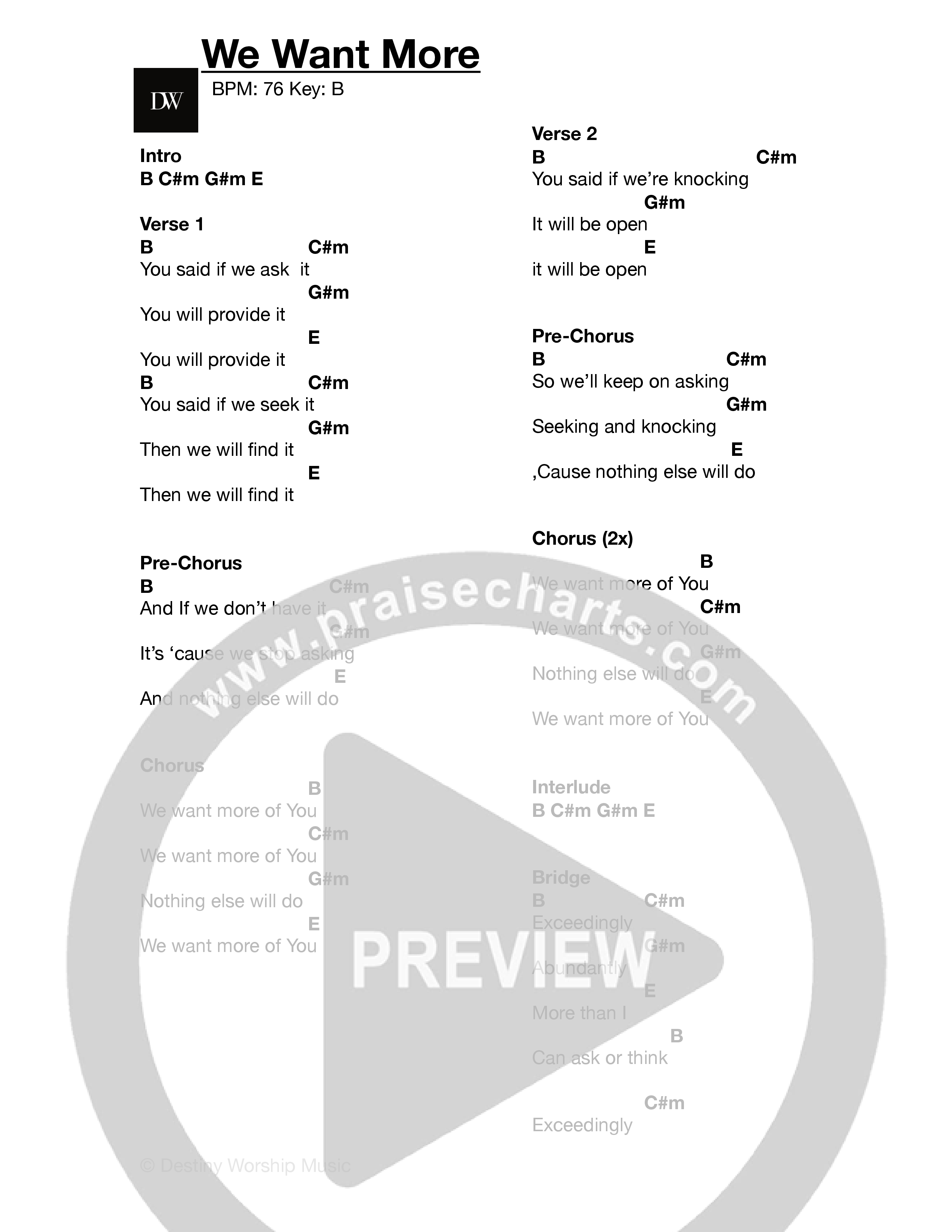 We Want More (Live) Chord Chart (Destiny Worship Music)