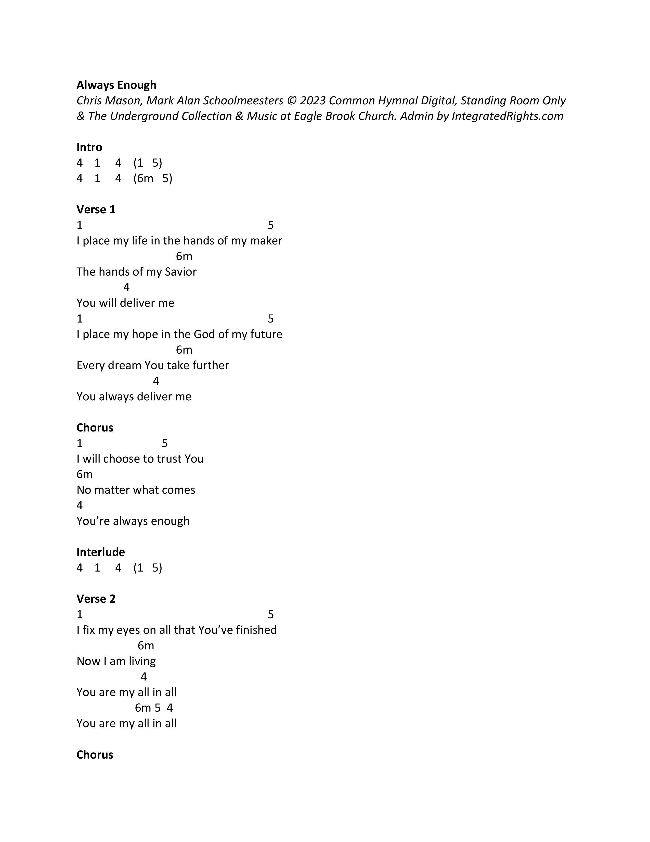 Always Enough Chord Chart (Eagle Brook Music)