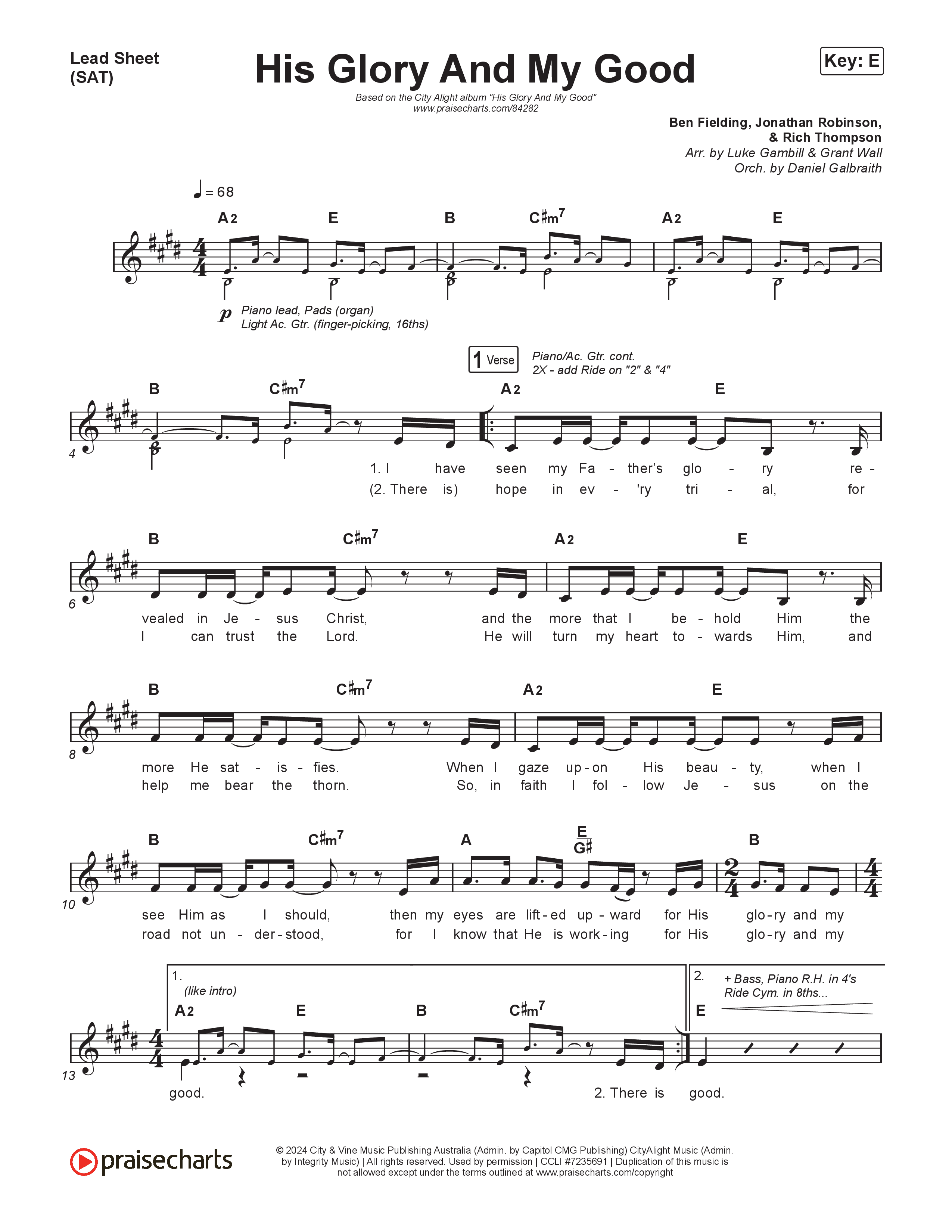 His Glory And My Good (Choral/SATB) Lead Sheet (SAT) (CityAlight / Arr. Luke Gambill)