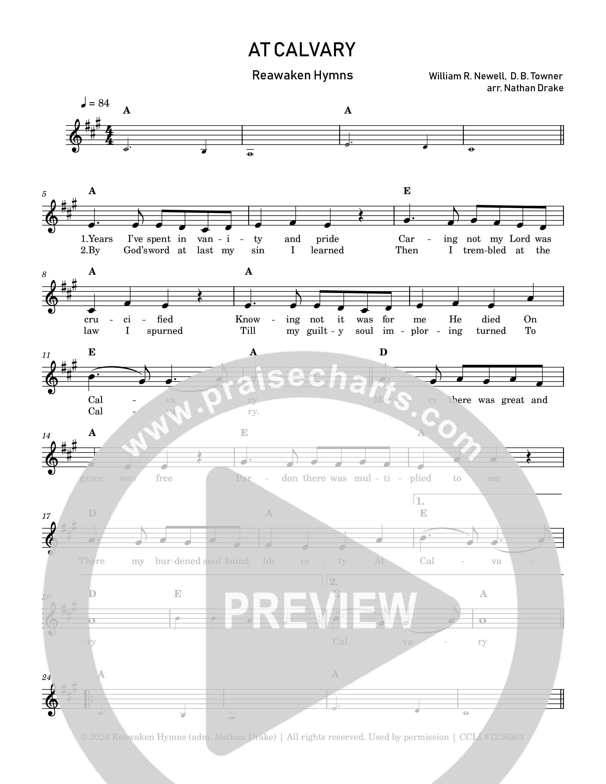 At Calvary Lead Sheet Melody (Reawaken Hymns)