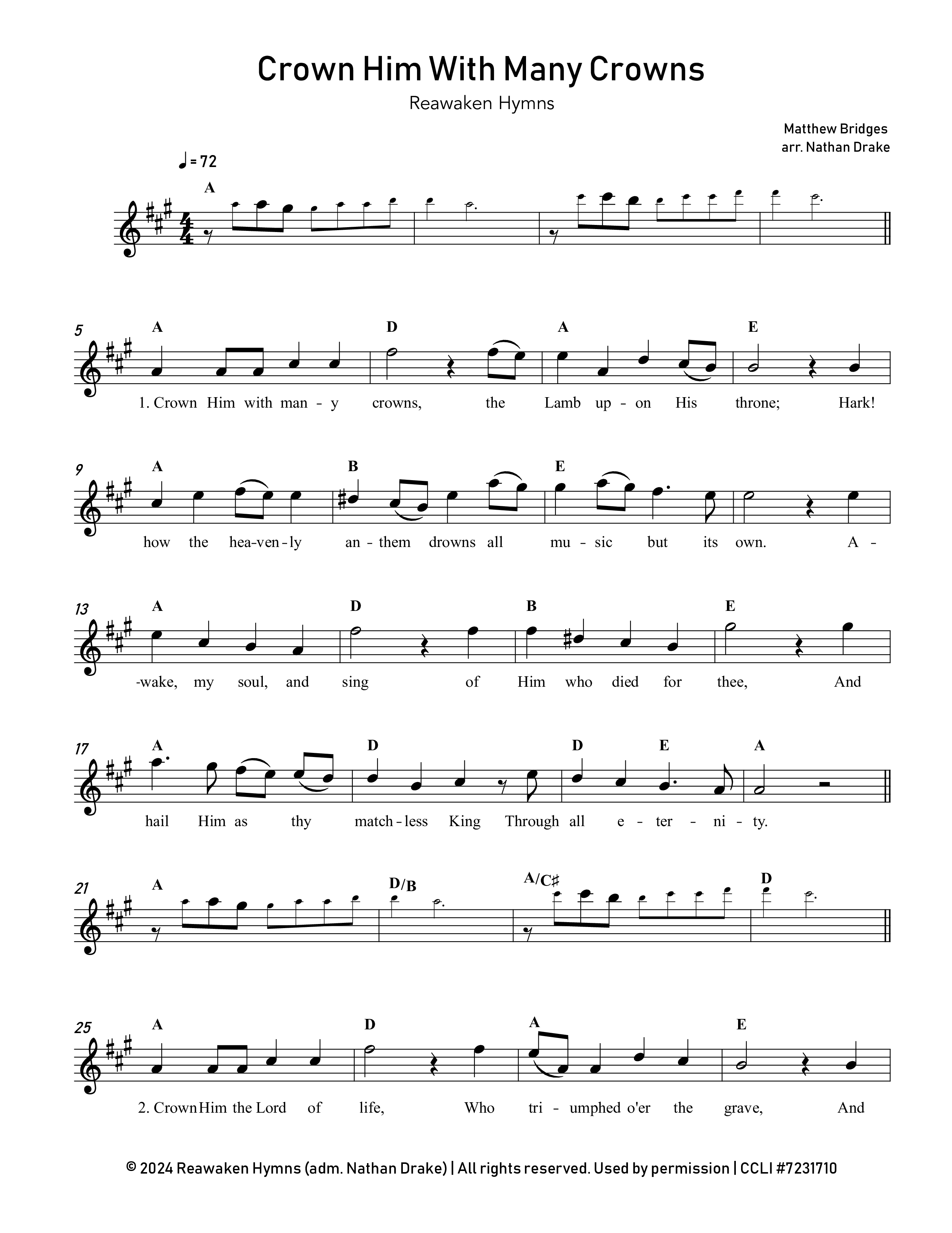 Crown Him With Many Crowns Lead Sheet Melody (Reawaken Hymns)