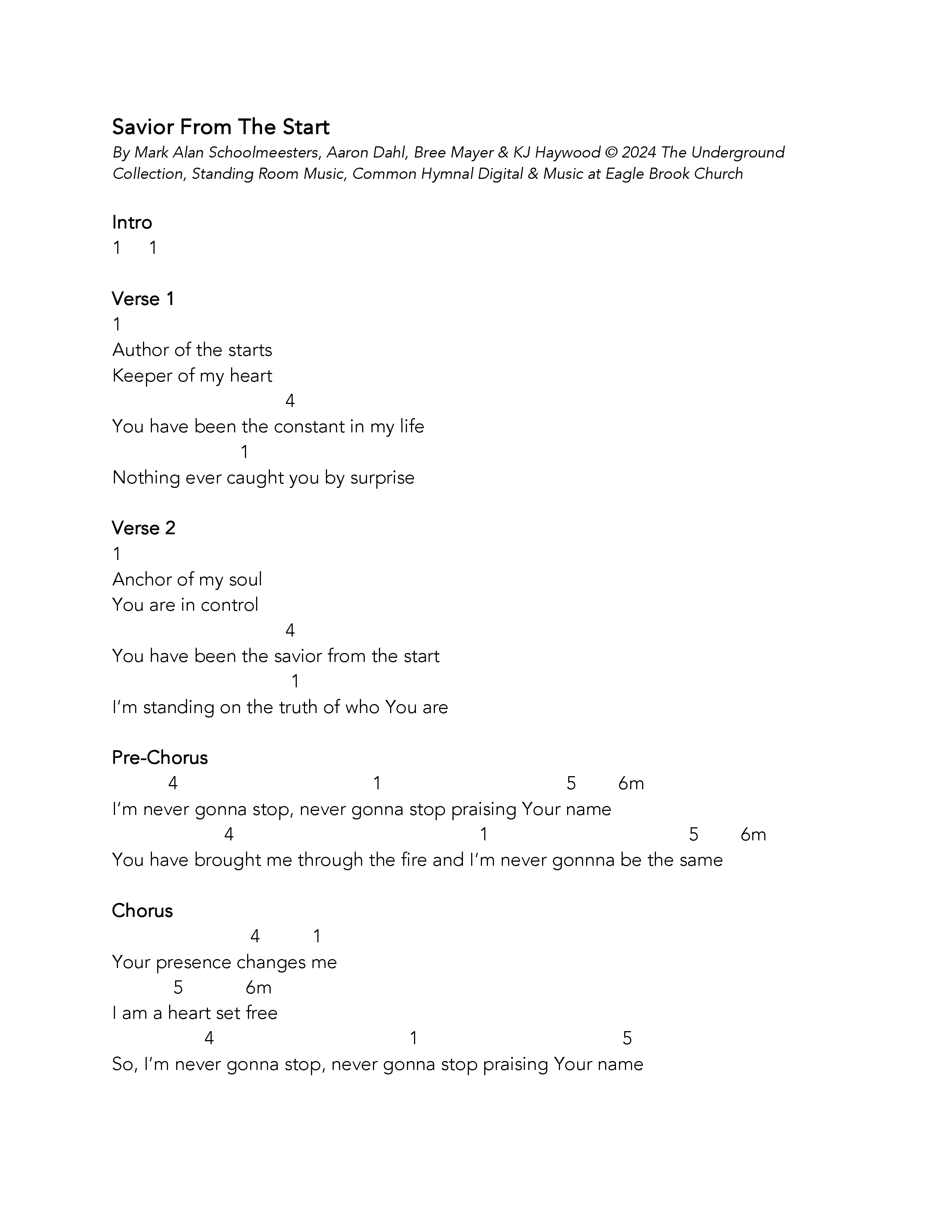 Savior From The Start Chord Chart (Eagle Brook Music)